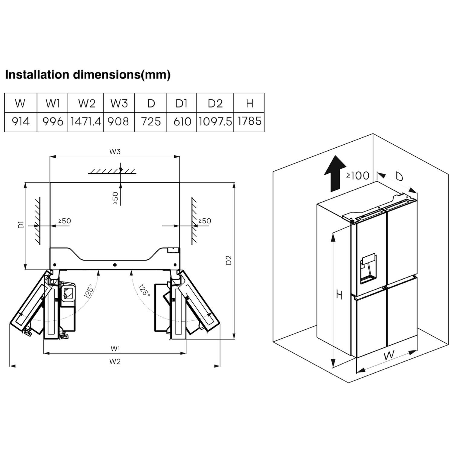 Diagram showing installation dimensions for a refrigerator. It includes measurements (mm) and a 3D view of the appliance.