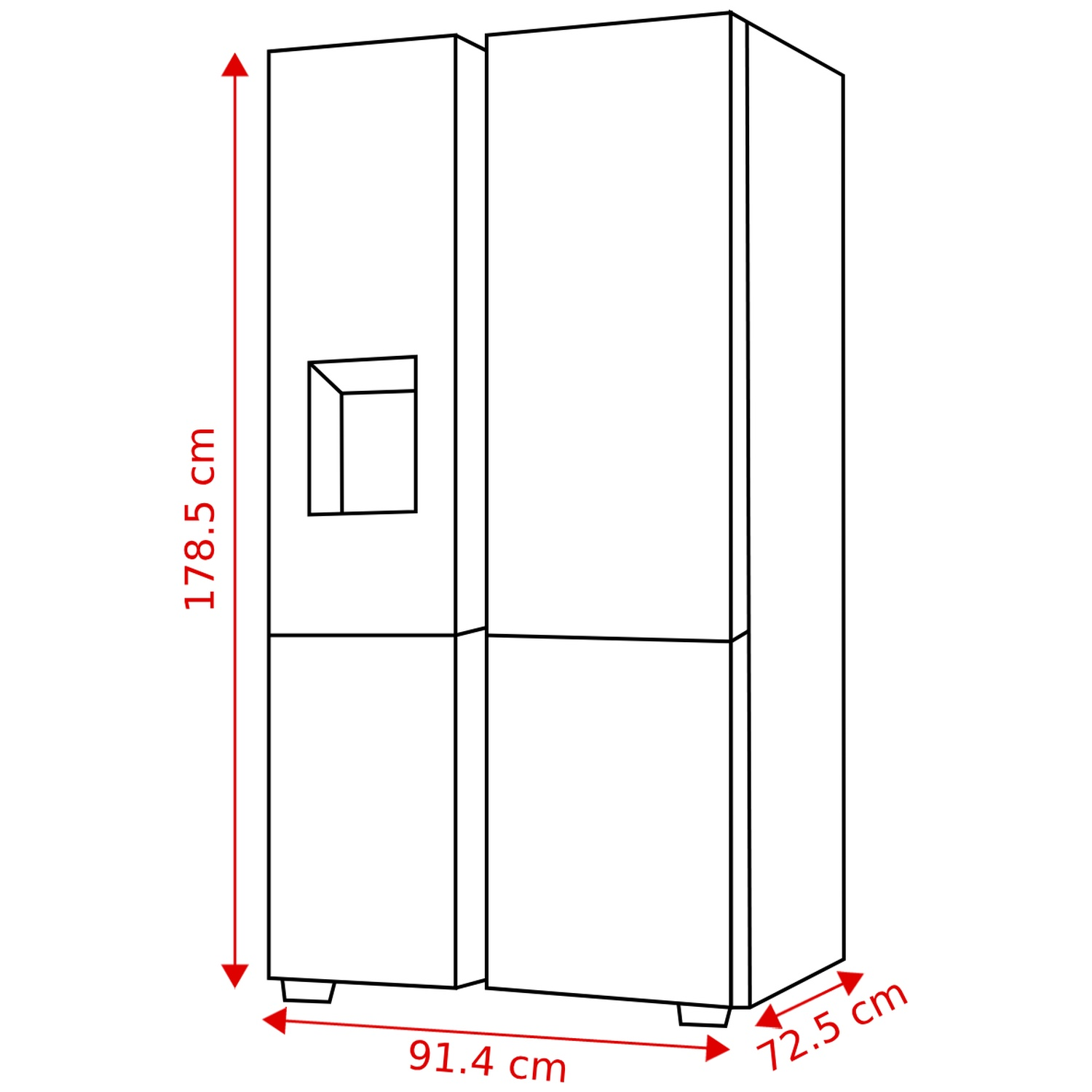 A white refrigerator with dimensions labeled. It's 178.5 cm high, 91.4 cm wide, and 72.5 cm deep. It has a water/ice dispenser.