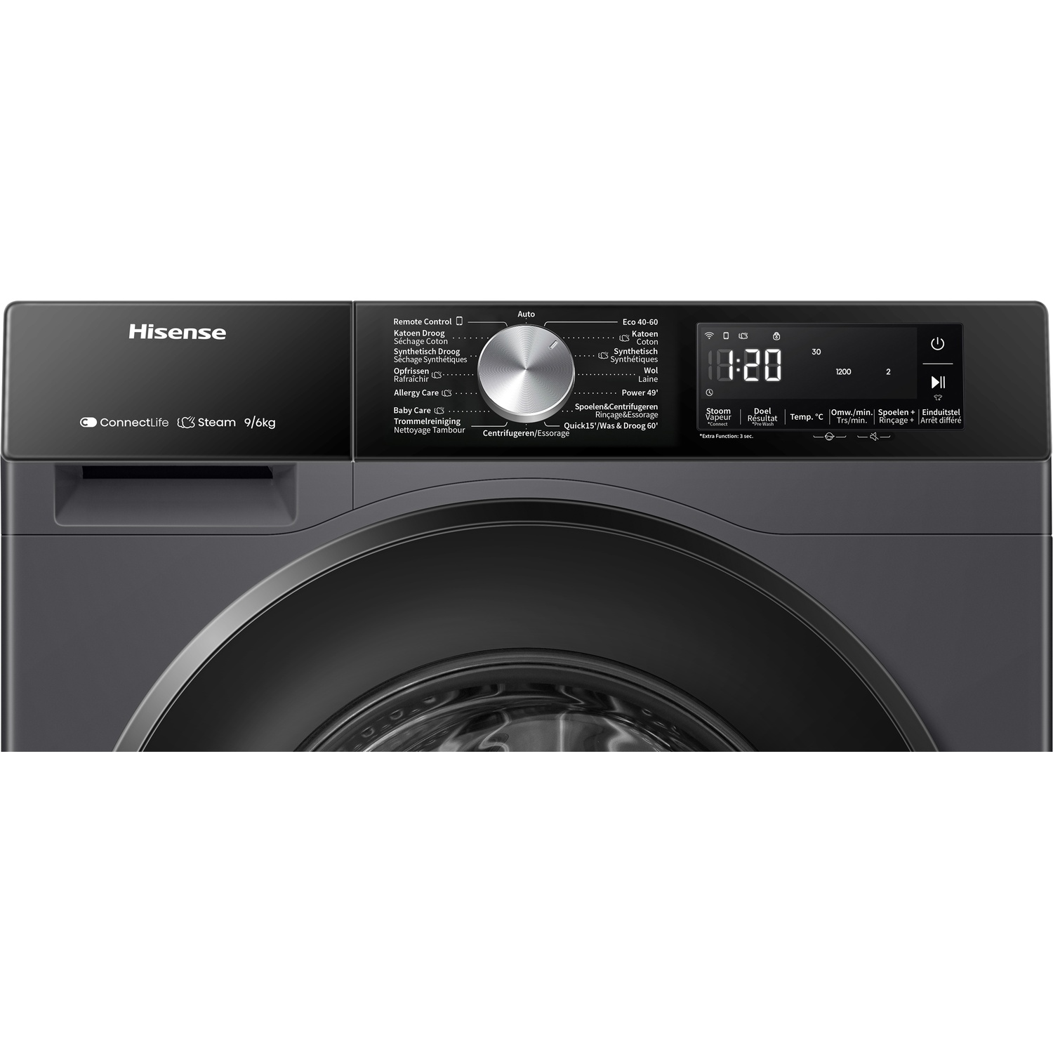 Panneau de commande de lave-linge Hisense noir. Affiche l'heure, les réglages et les options.