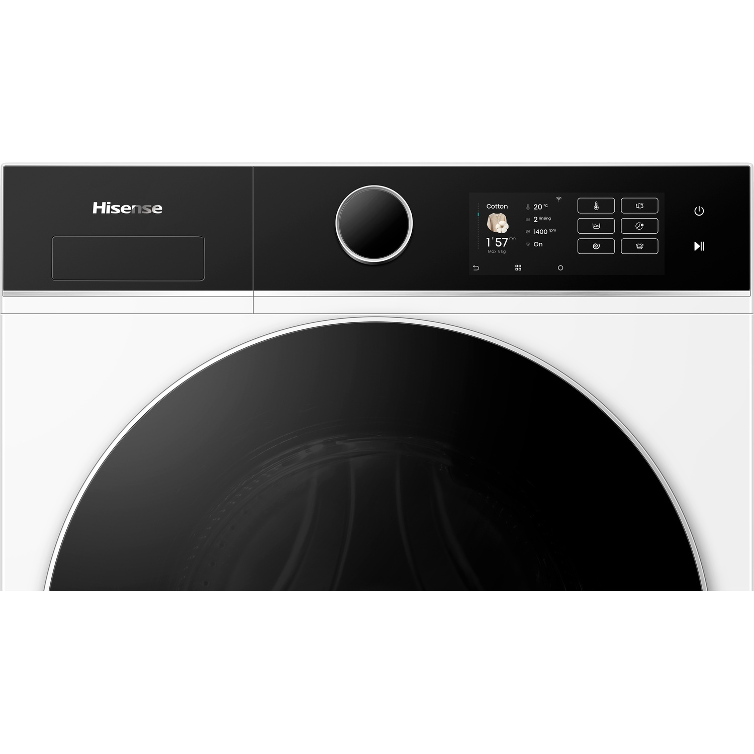 Een witte Hisense wasmachine met zwart bedieningspaneel toont een katoen cyclus, tijd en temperatuur.