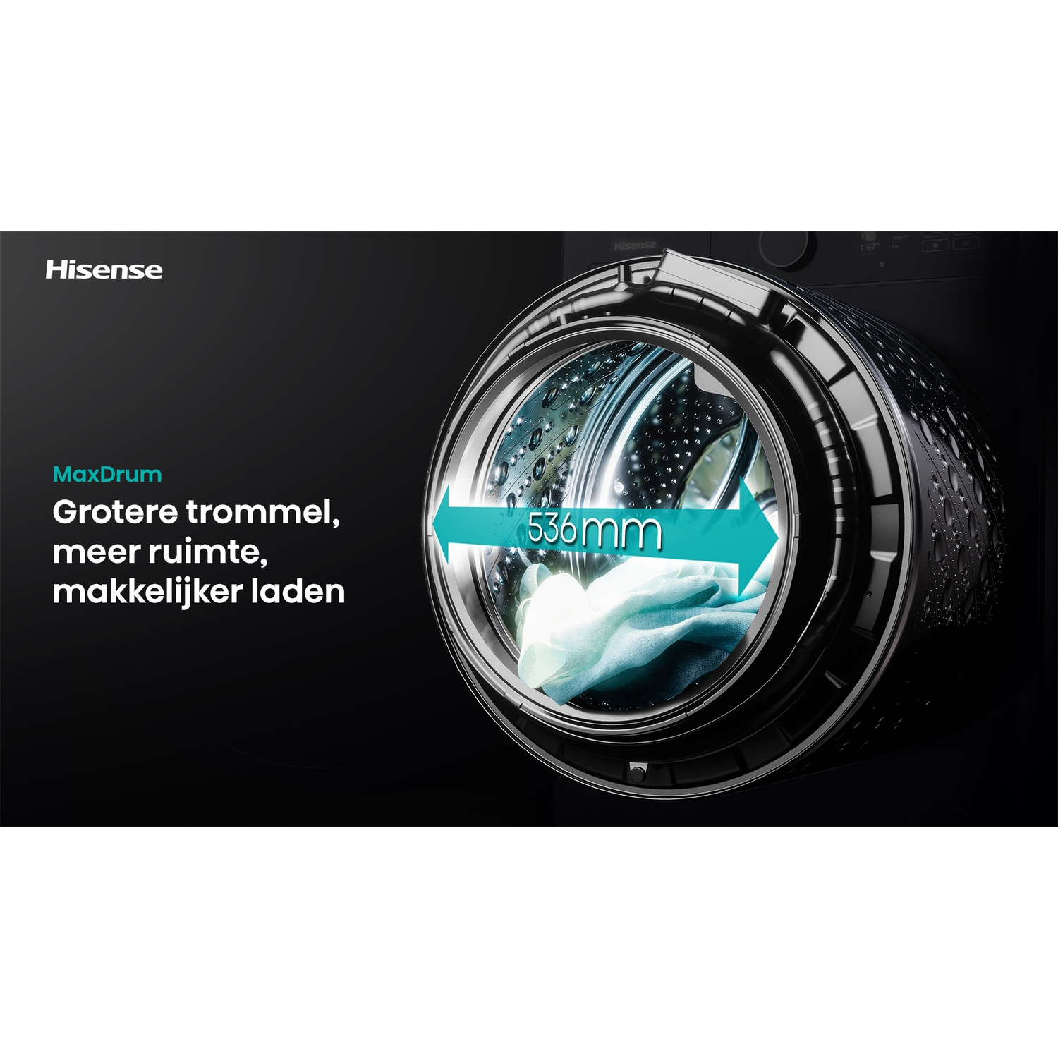Een Hisense wasmachine met een open trommel. Een pijl geeft de 536 mm grootte van de trommel aan. Tekst: 'MaxDrum, grotere trommel'.