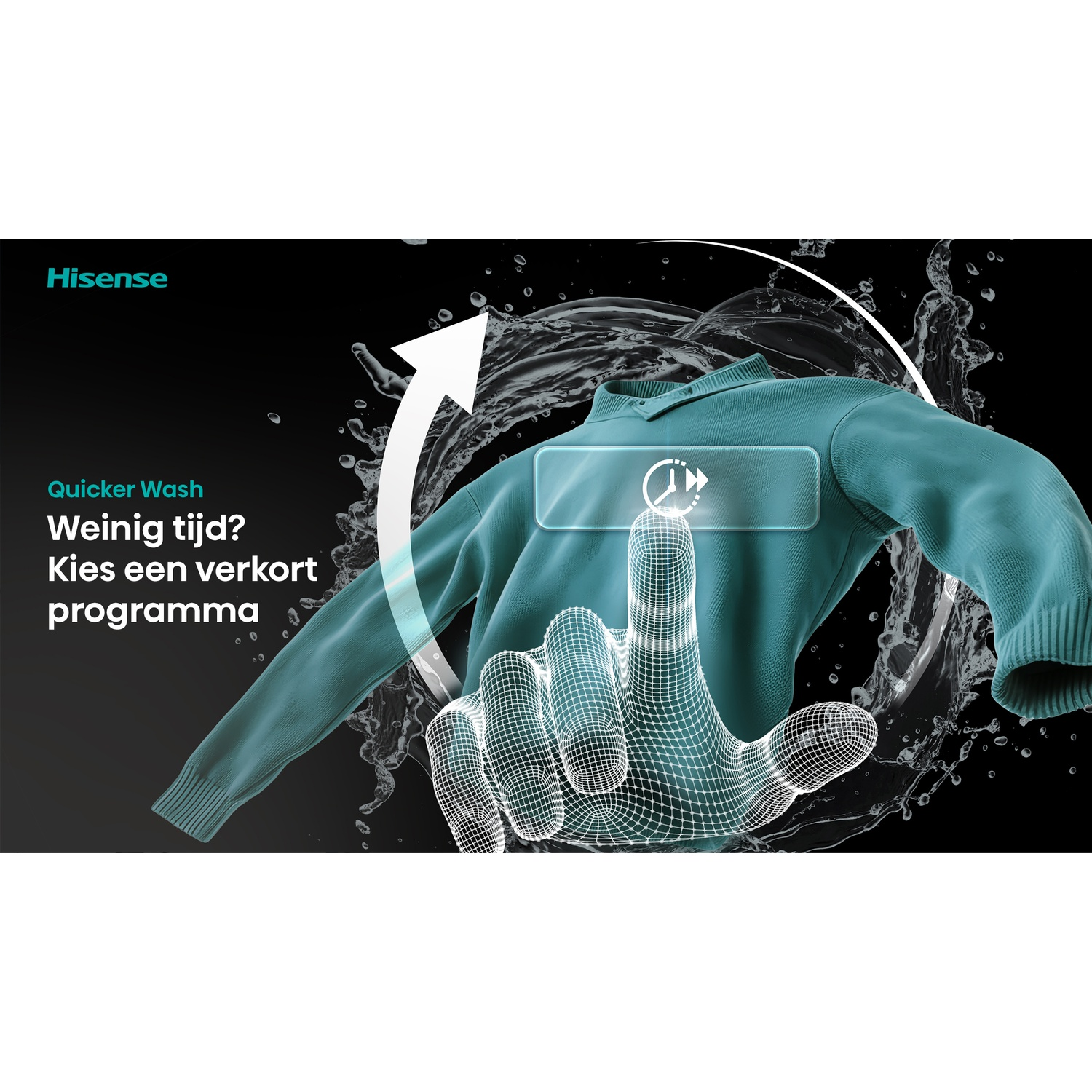 Een illustratie toont een teal trui met een handvormig draadframe dat interactie heeft met een timer-icoon, waterspatten en tekst.