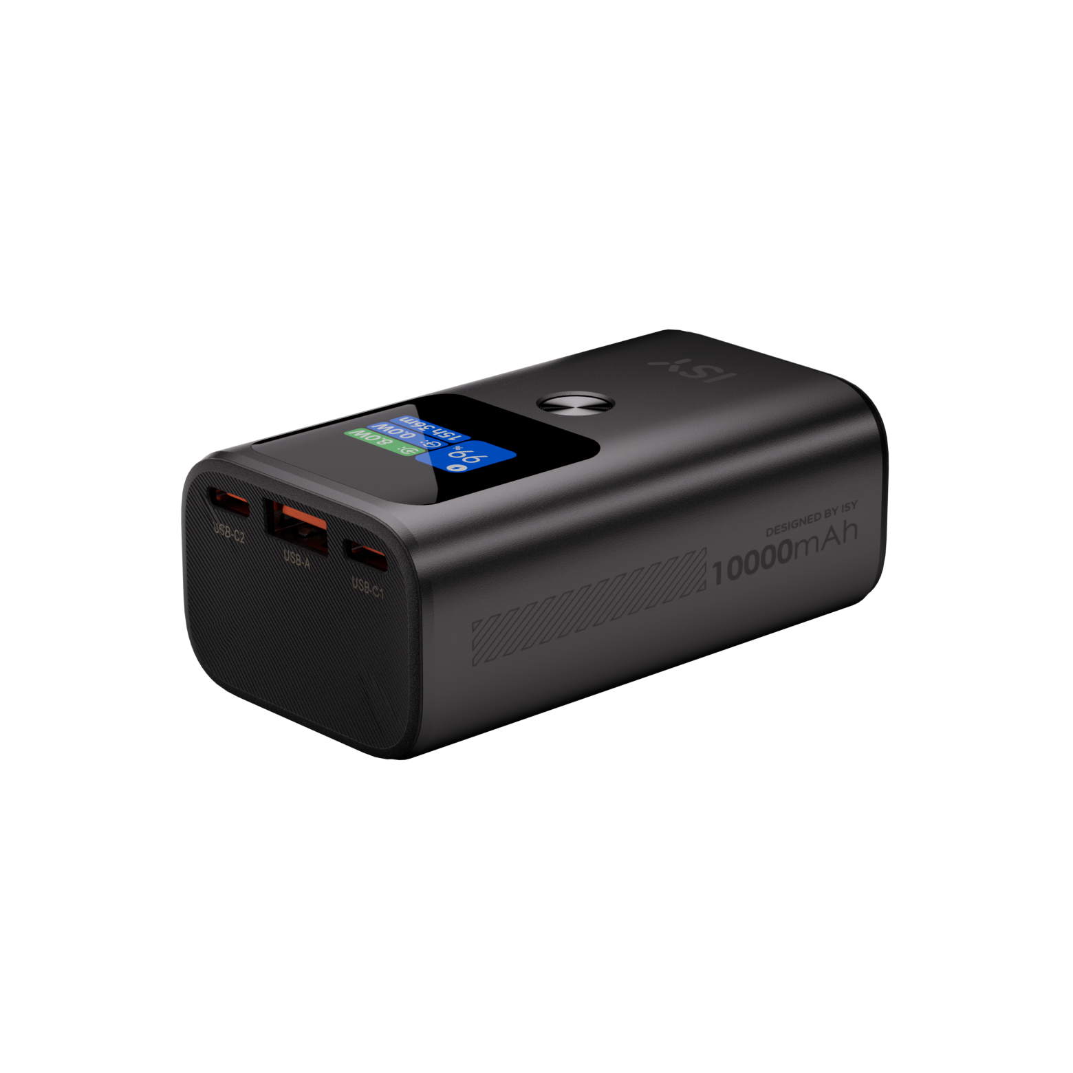 Schwarze Powerbank mit Display, das Akkustand und Ladezeit anzeigt, Anschlüsse mit USB-C und USB-A beschriftet.