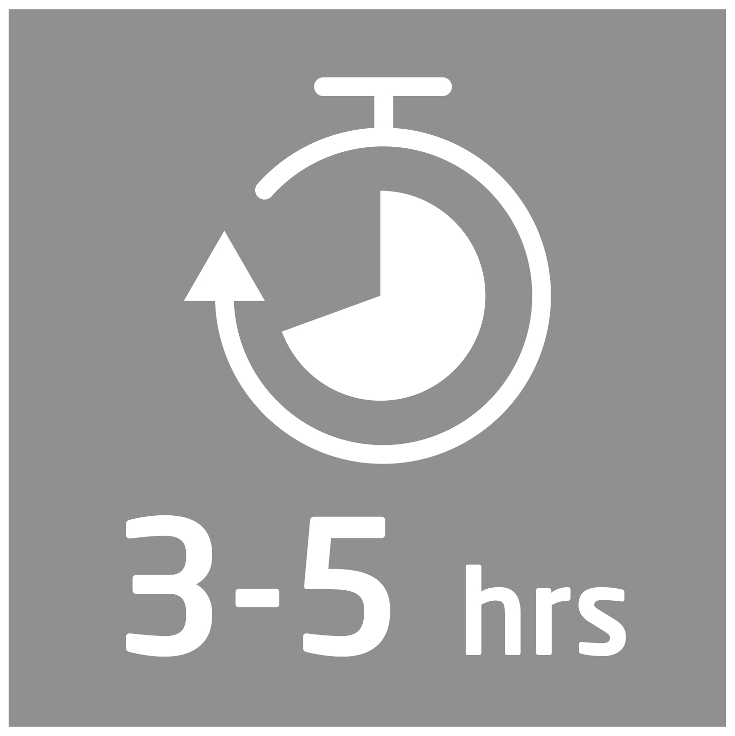 Weißes Timer-Symbol mit Pfeil, die Zeit ist 3-5 Stunden, auf grauem Hintergrund in einem Quadrat.