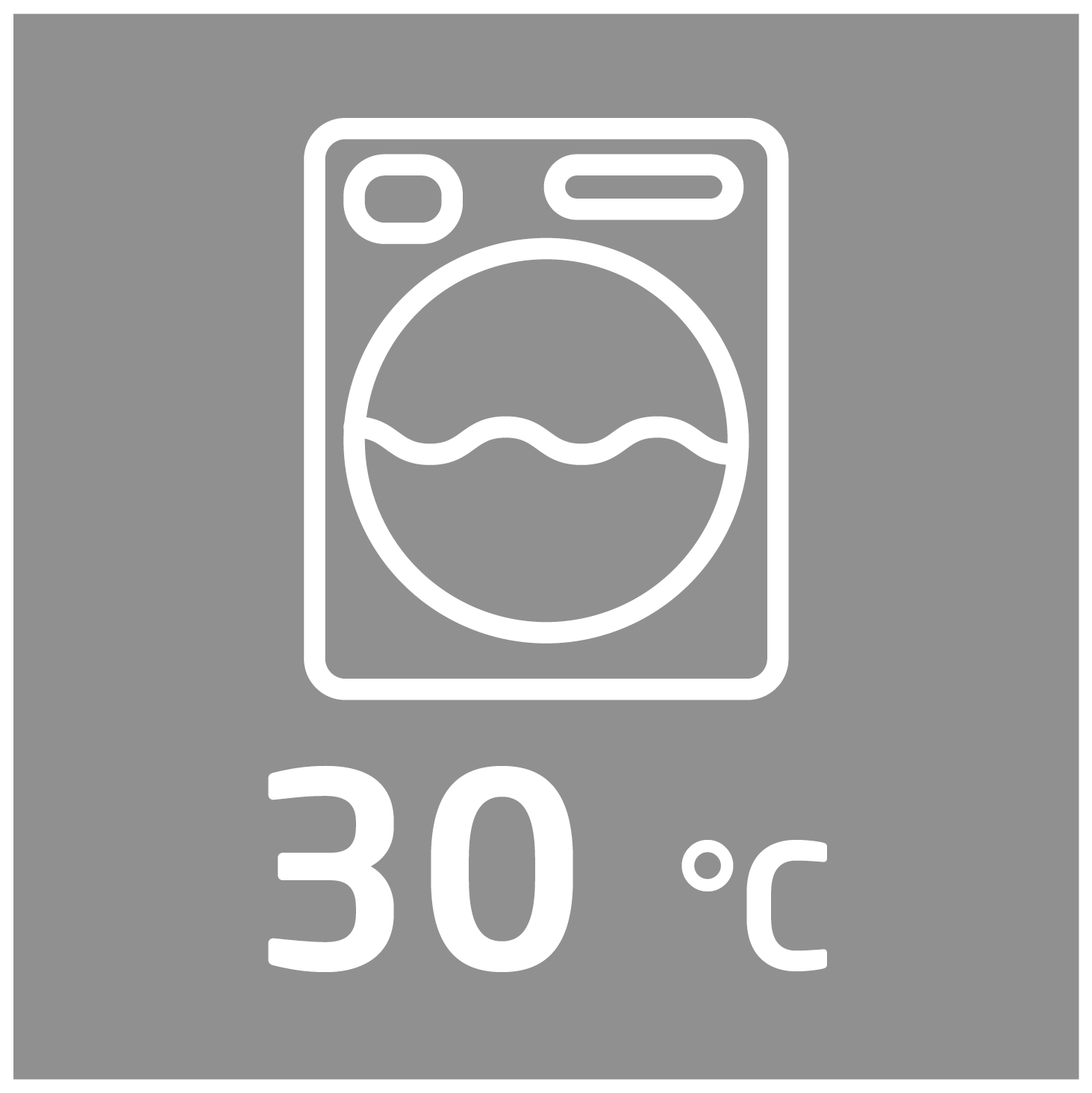 Graues Quadrat mit weißem Waschmaschinensymbol und Text '30 °C', was die empfohlene Waschtemperatur anzeigt.