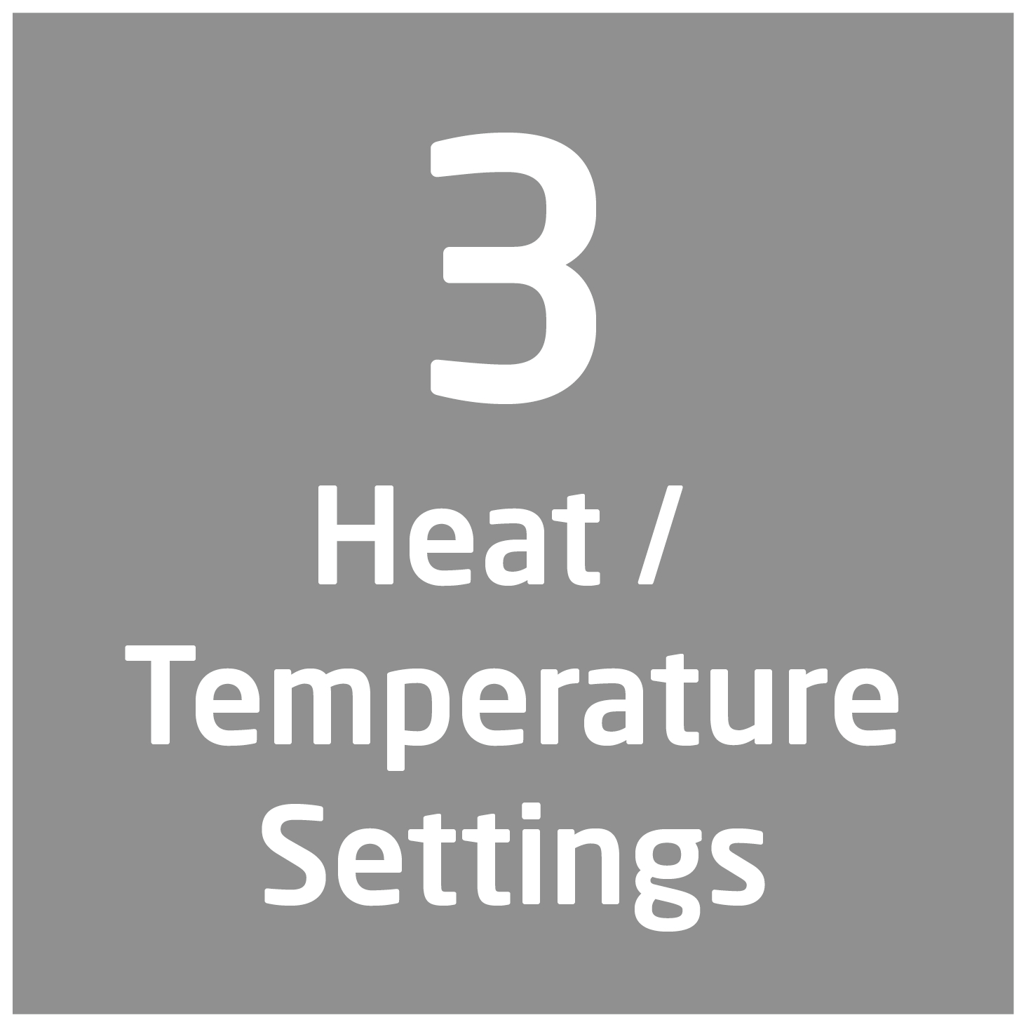 Ein graues Quadrat zeigt die weiße Zahl 3 mit dem Text 'Heat / Temperature Settings' darunter.