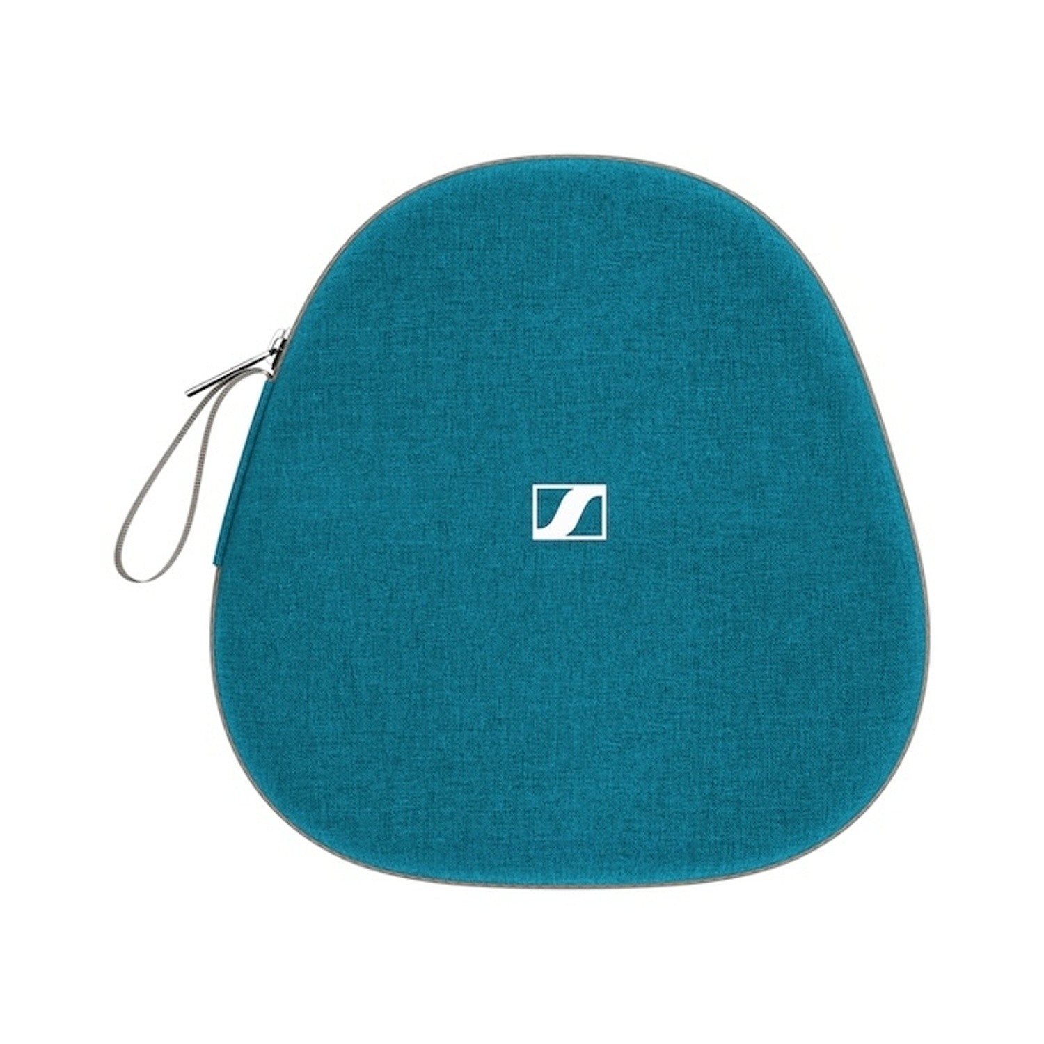 Una custodia per cuffie turchese, di forma ovale, con cerniera e manico grigio. Il logo Sennheiser è sul davanti. Lo sfondo è bianco.