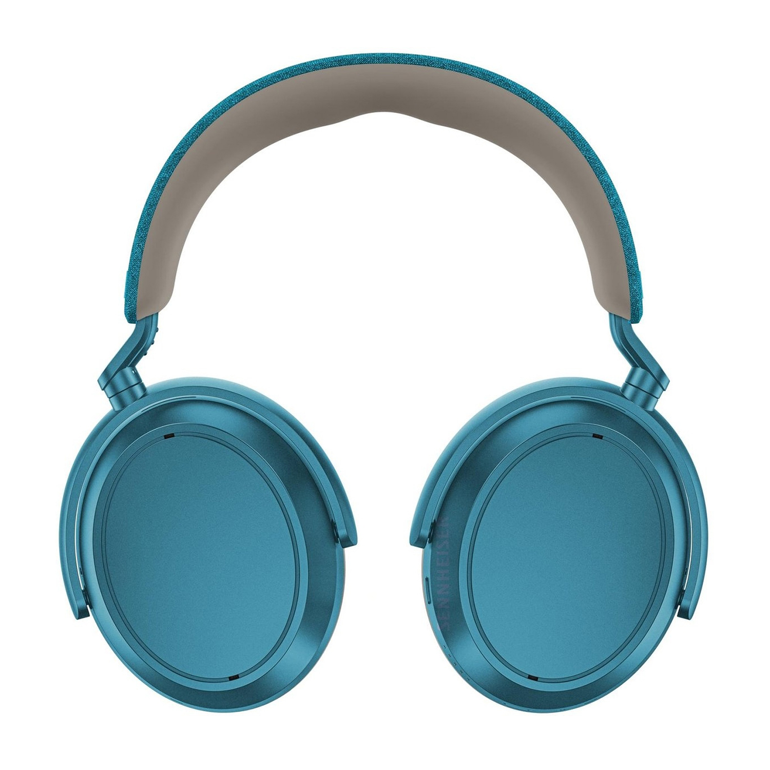 Cuffie blu con archetto beige. I padiglioni sono rotondi e l'archetto imbottito. Il marchio è visibile su un padiglione.