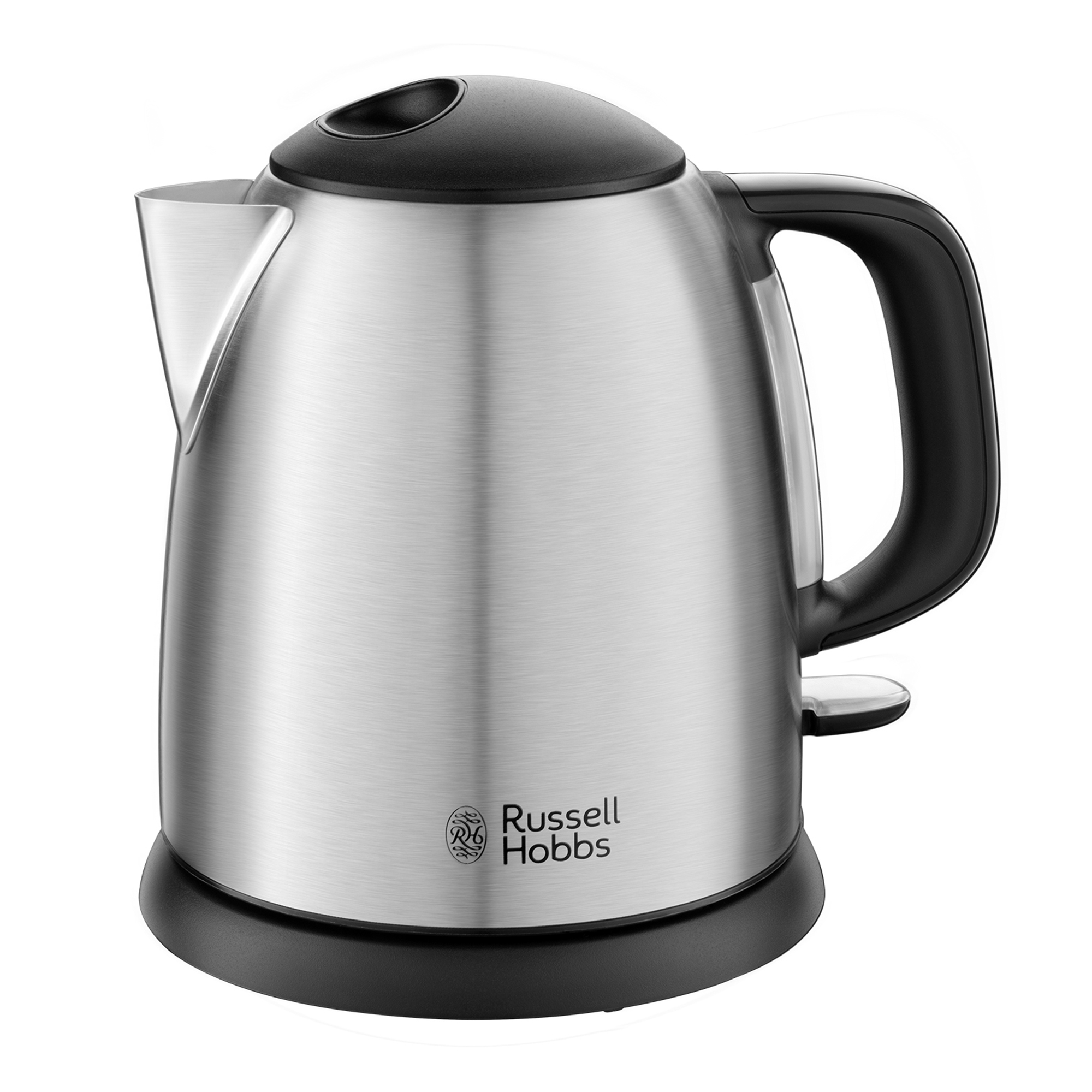 Un bollitore elettrico in acciaio inossidabile con manico, coperchio e base neri, su sfondo bianco. Logo Russell Hobbs visibile.