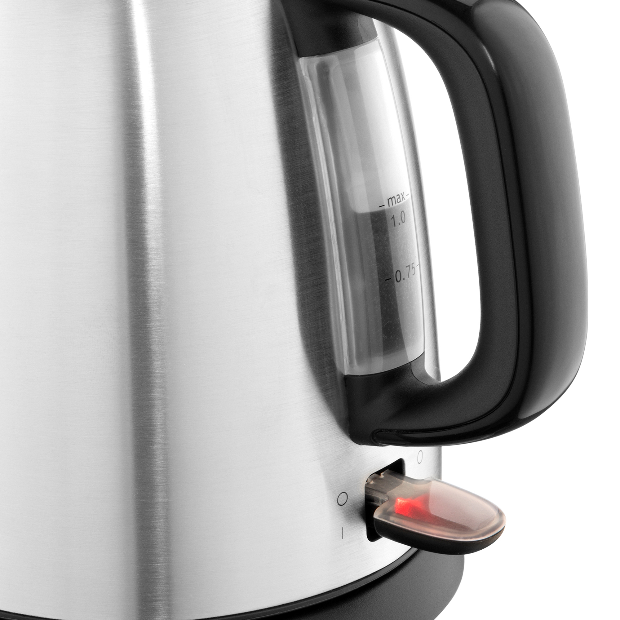 Bollitore in acciaio inox con manico nero e indicatore livello acqua trasparente. Pulsante rosso.