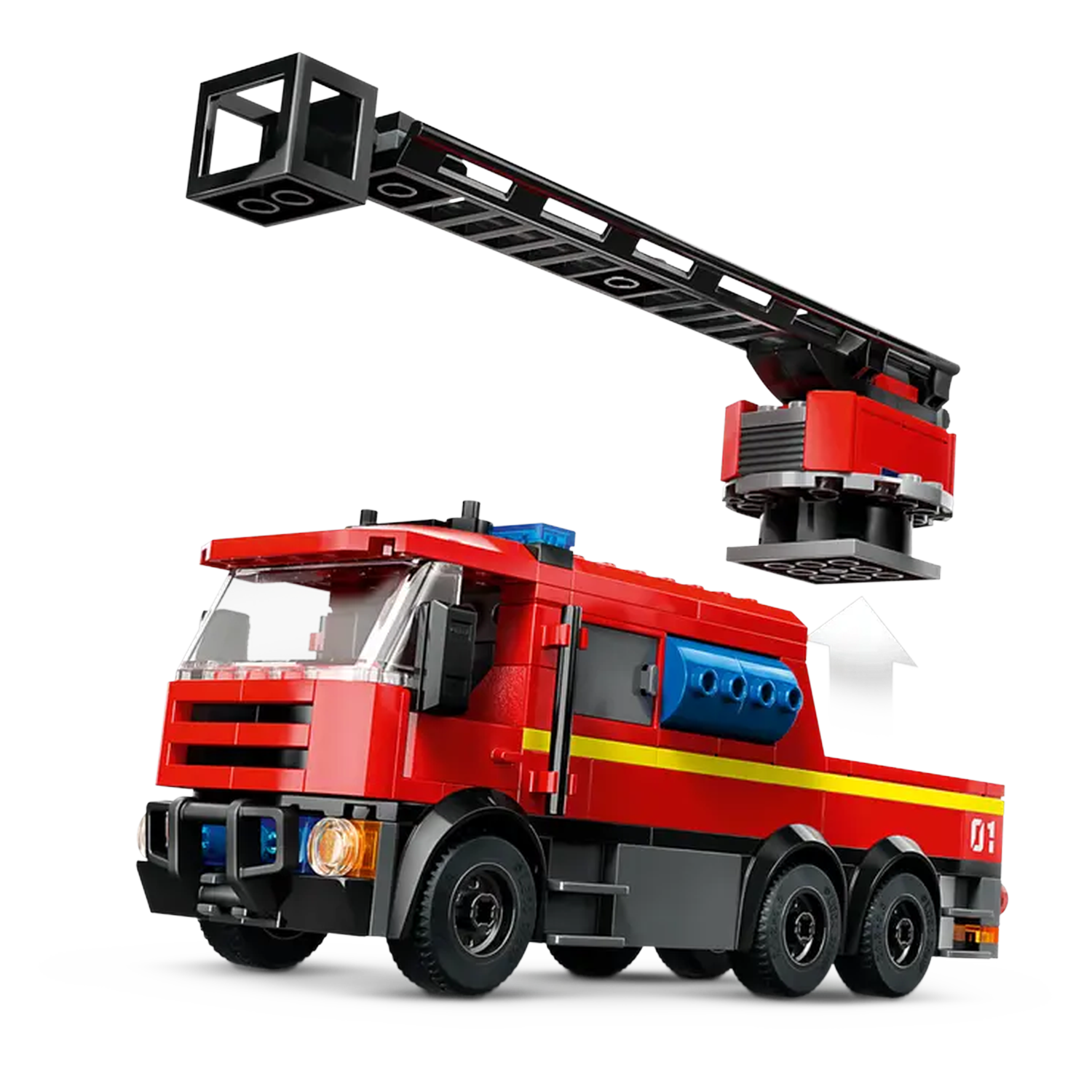 A red toy fire truck with a black ladder extending upwards. The truck has black wheels and blue and yellow details.