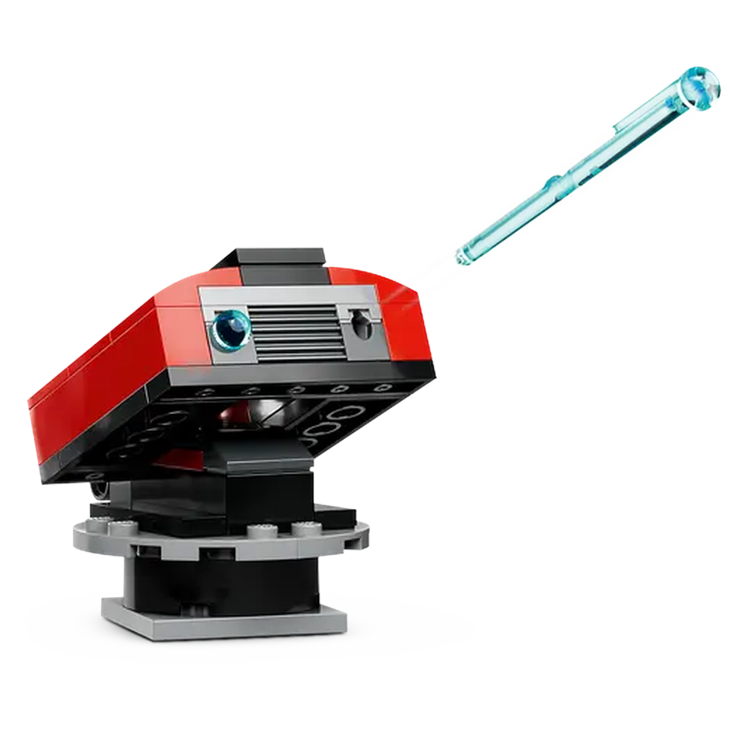 A Lego model of a red and black turret with a light blue ray extending from it. The base is gray and black.