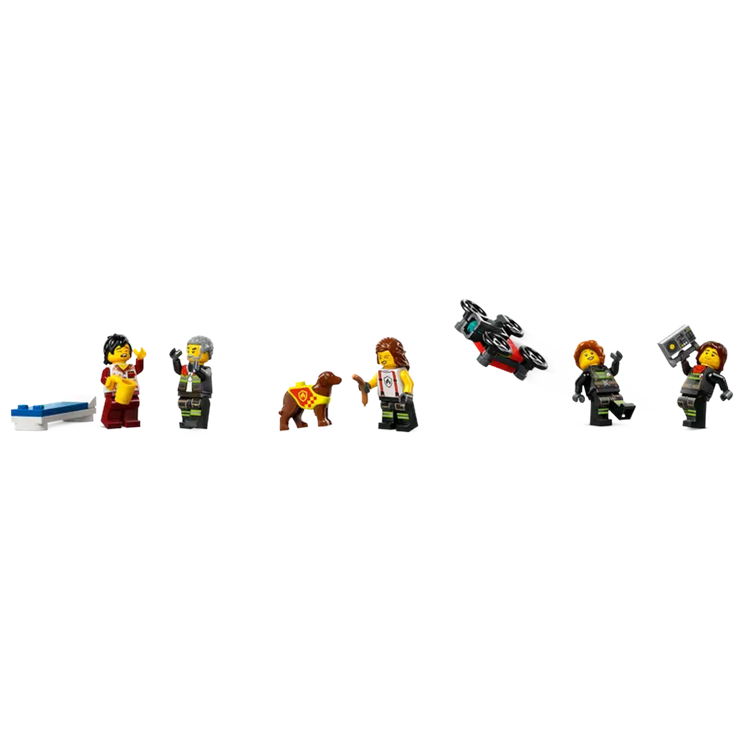 Lego set with minifigures and a dog. Figures include firemen, a person with a radio, and a drone.