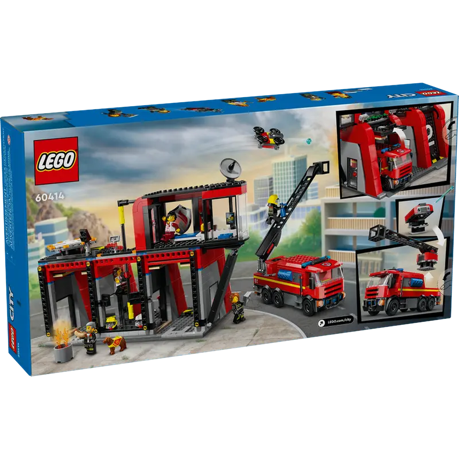 Lego City fire station set with fire trucks, figures, and a building. Includes a drone and a dog.