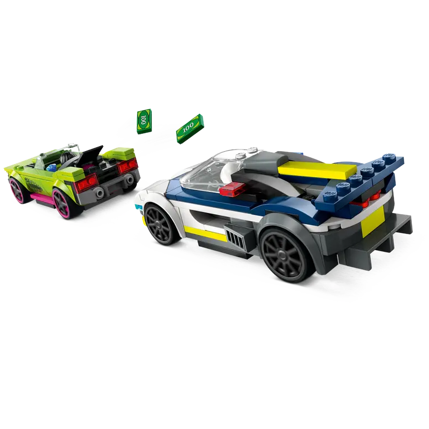 Two toy cars, one green and one blue, with two green $100 bills floating above them against a white background.