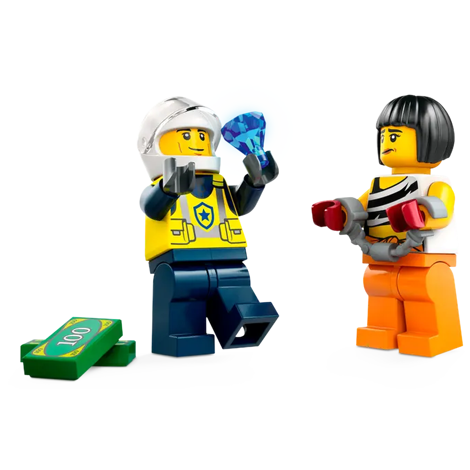 A Lego police officer holding a diamond confronts a prisoner in handcuffs. Money is on the ground. Scene on a white background.