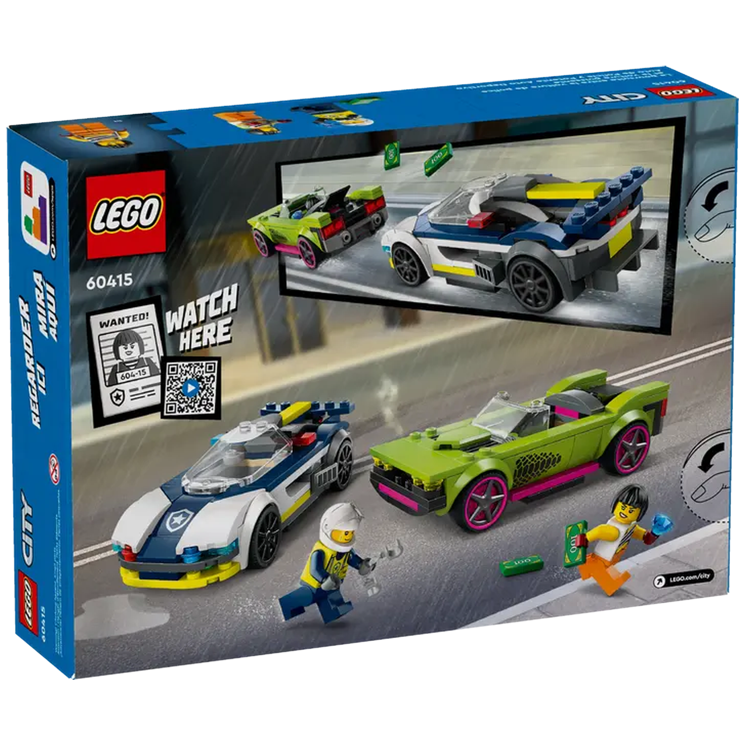 Lego box with car models, police car, and minifigures. The scene shows a chase with money.