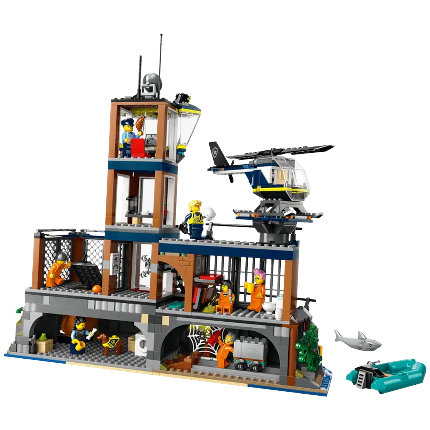 Lego police station with figures, helicopter, boat, and a shark. Multiple levels with prison cells and various activities.