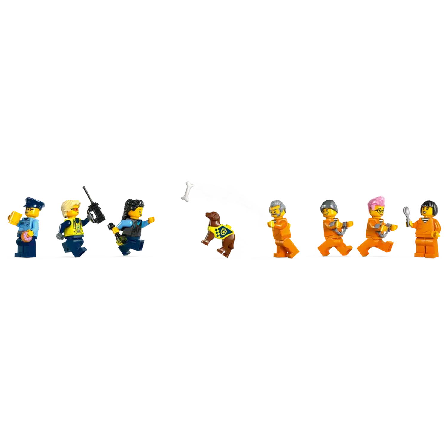 Lego police officers chase escaped prisoners. A dog chases a bone. The prisoners are running away. One holds a spoon.