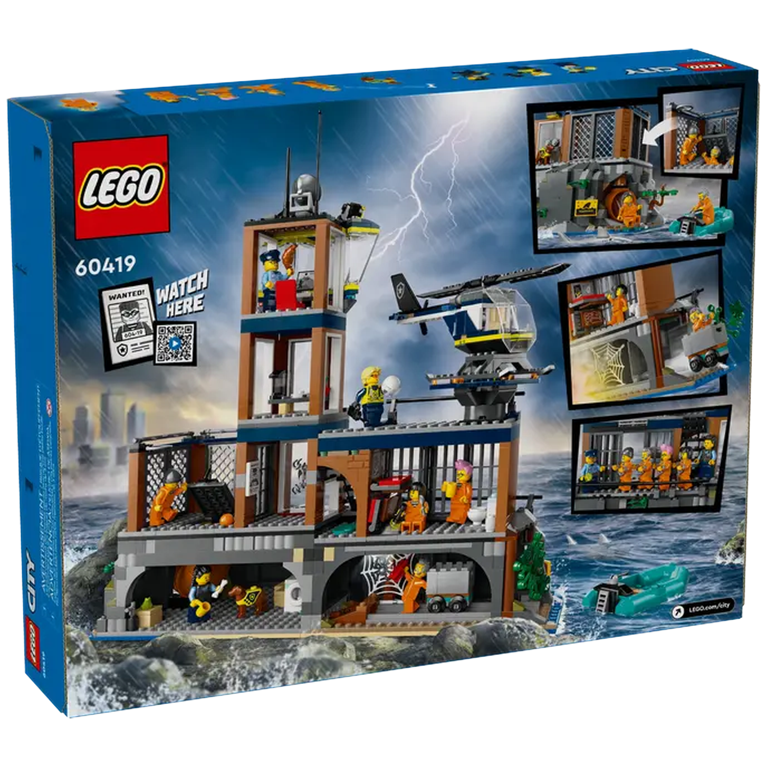 Lego City set box. A prison on a rocky island with a helicopter, boat, and several mini-figures. Lightning in the background.