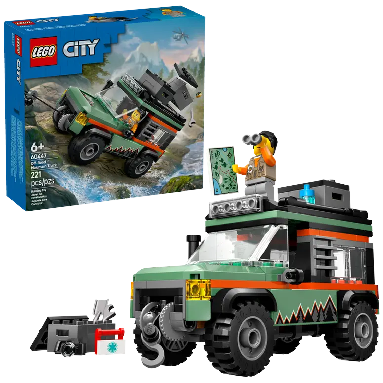Lego City off-road mountain truck with a minifigure holding binoculars and a map. Includes accessories and a box.