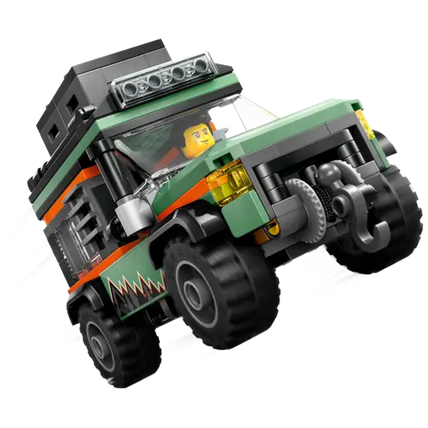 A green Lego off-road vehicle with a minifigure driver. It has black wheels, orange stripes, and a light bar on top. The background is white.