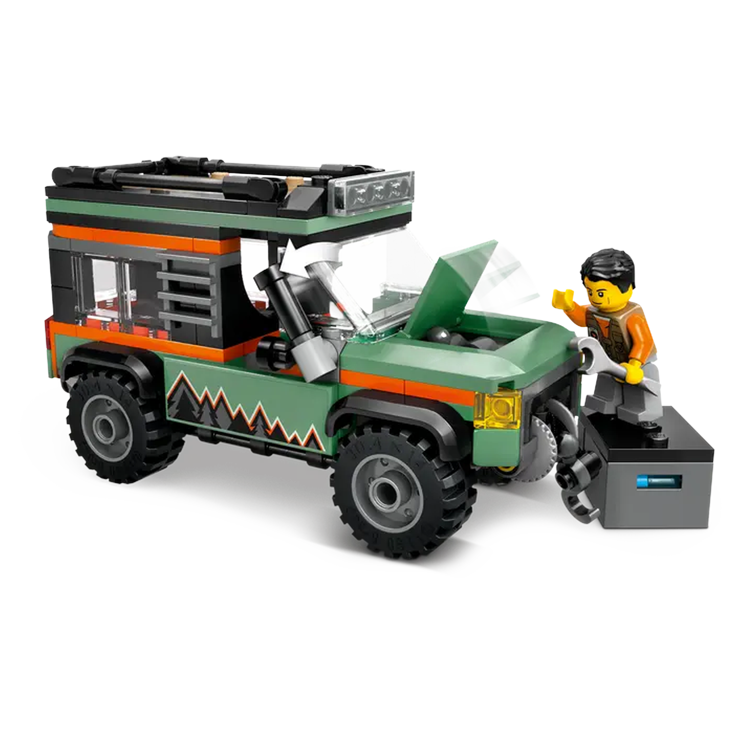 A green Lego Jeep with an open hood, a figure holding a wrench, standing by a tool box. The Jeep has black tires and orange accents.