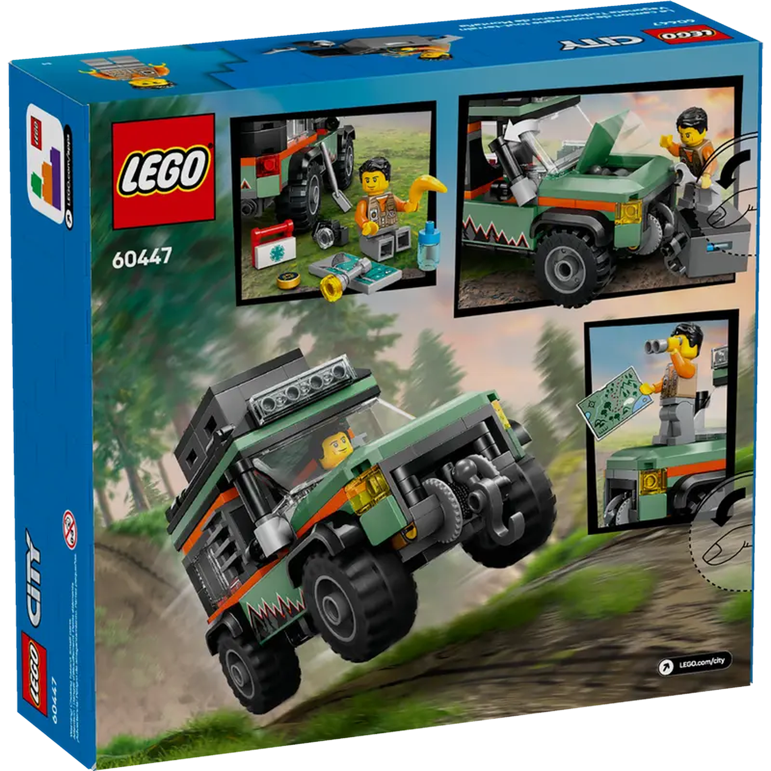 Lego City box art. Features a green and orange off-road vehicle, minifigures, and various accessories, set in a forest scene.