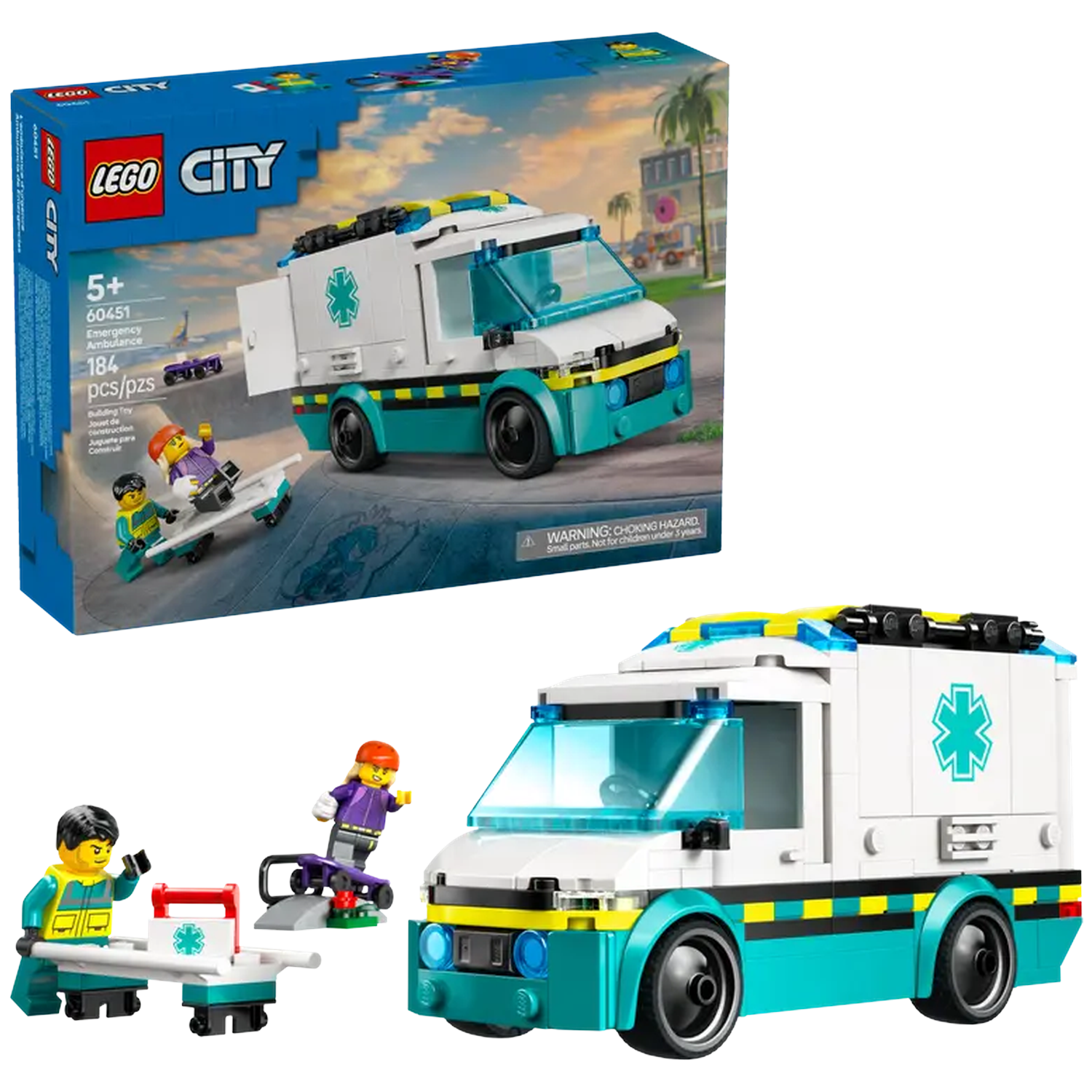 A Lego City emergency ambulance set. Includes ambulance model, mini-figures, and accessories like a stretcher and skateboard.
