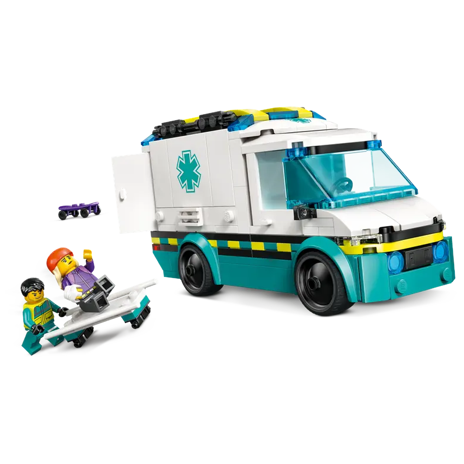 Lego ambulance with two figures carrying a patient on a stretcher. A skateboard is on the left. The background is white.