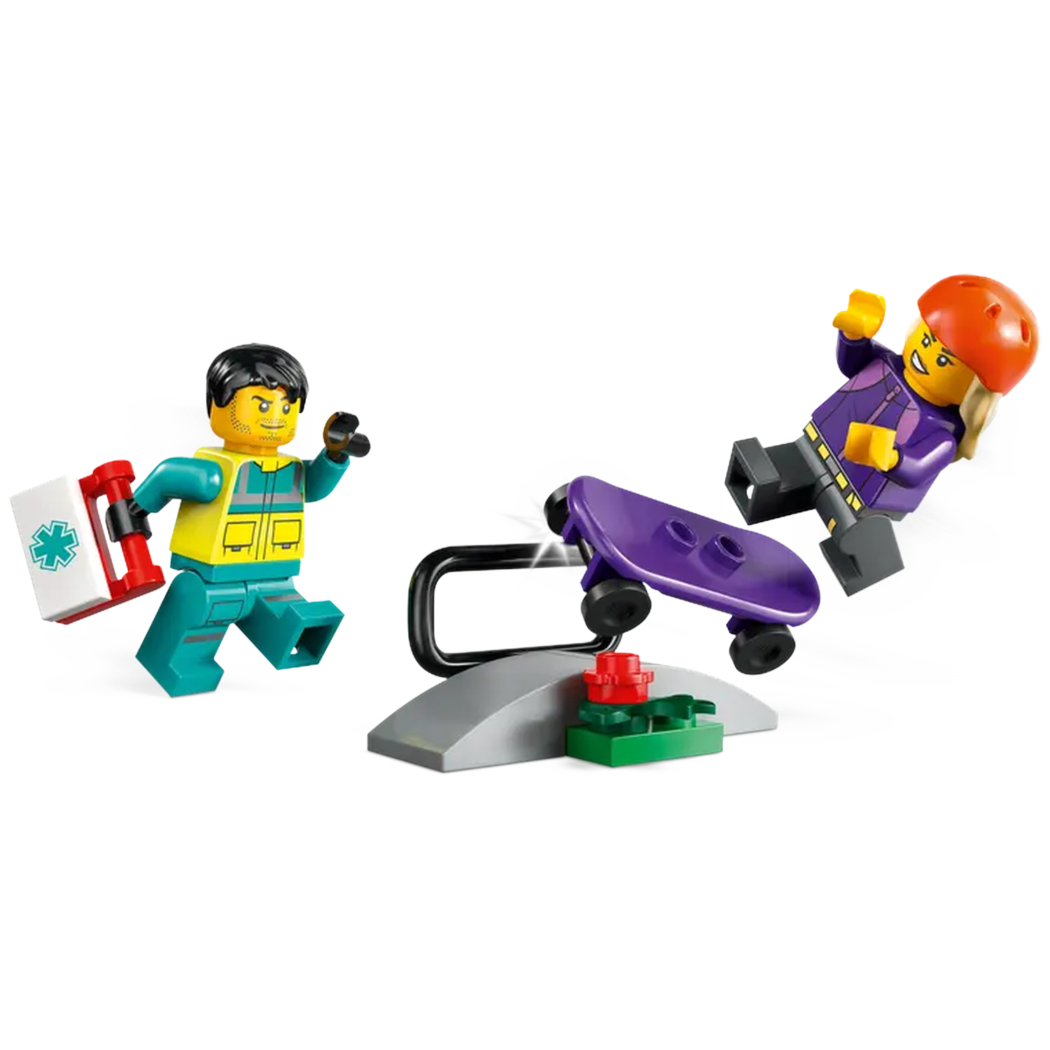 Lego scene: A skateboarder falls. An EMT runs toward them. A purple skateboard and a ramp are in the scene.