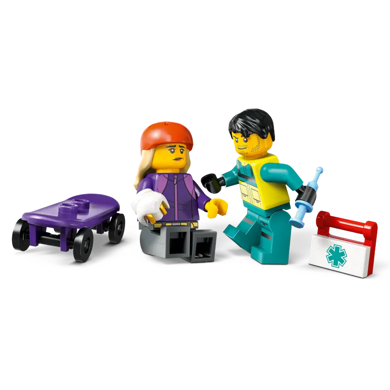 Lego scene with a person in a helmet, a medic with a syringe, a skateboard, and a first-aid kit.