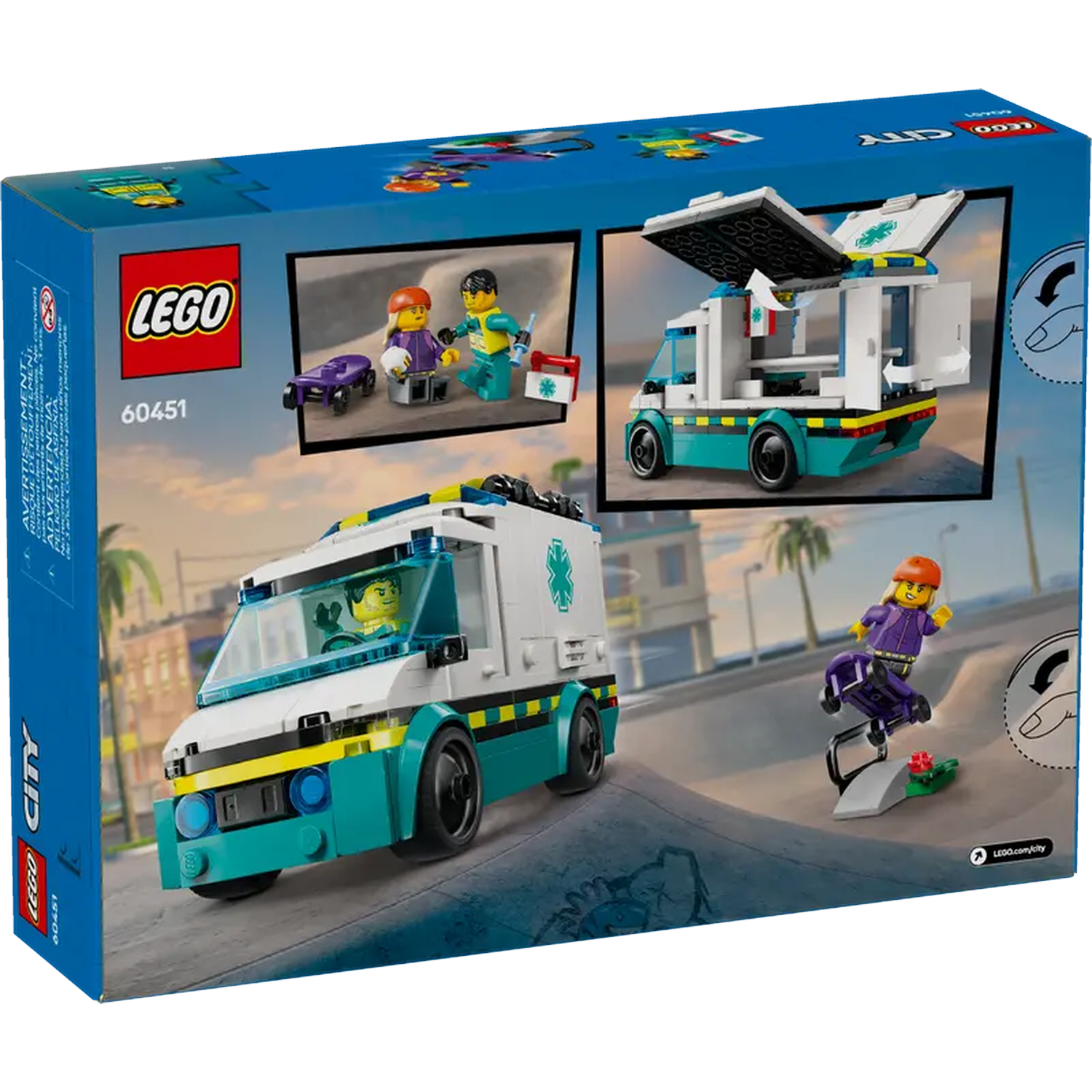 Lego City box art. An ambulance and skateboarders are shown. The box has illustrations of the set's features, with Lego figures.