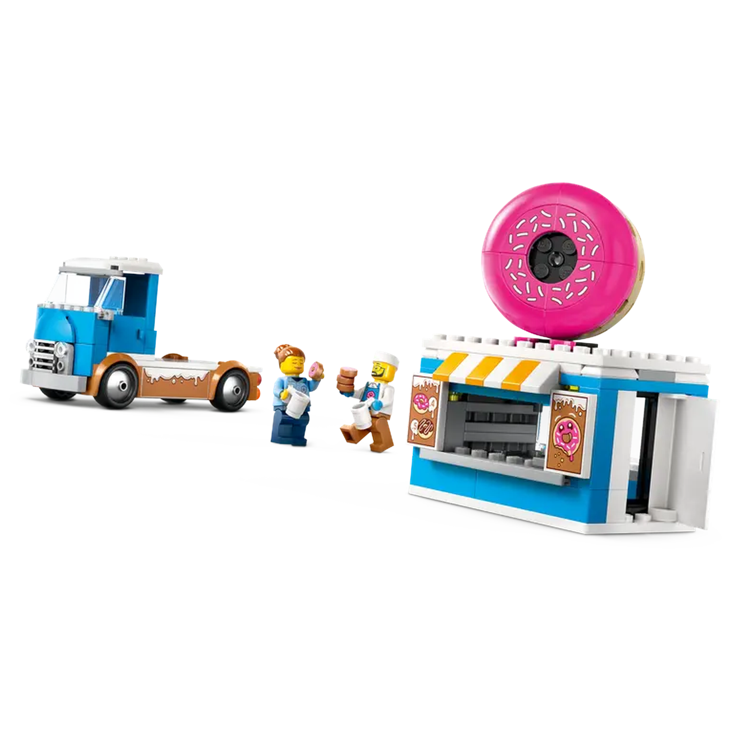 A Lego scene featuring a blue truck, donut shop, and minifigures. A large pink donut tops the shop. Two figures are interacting.