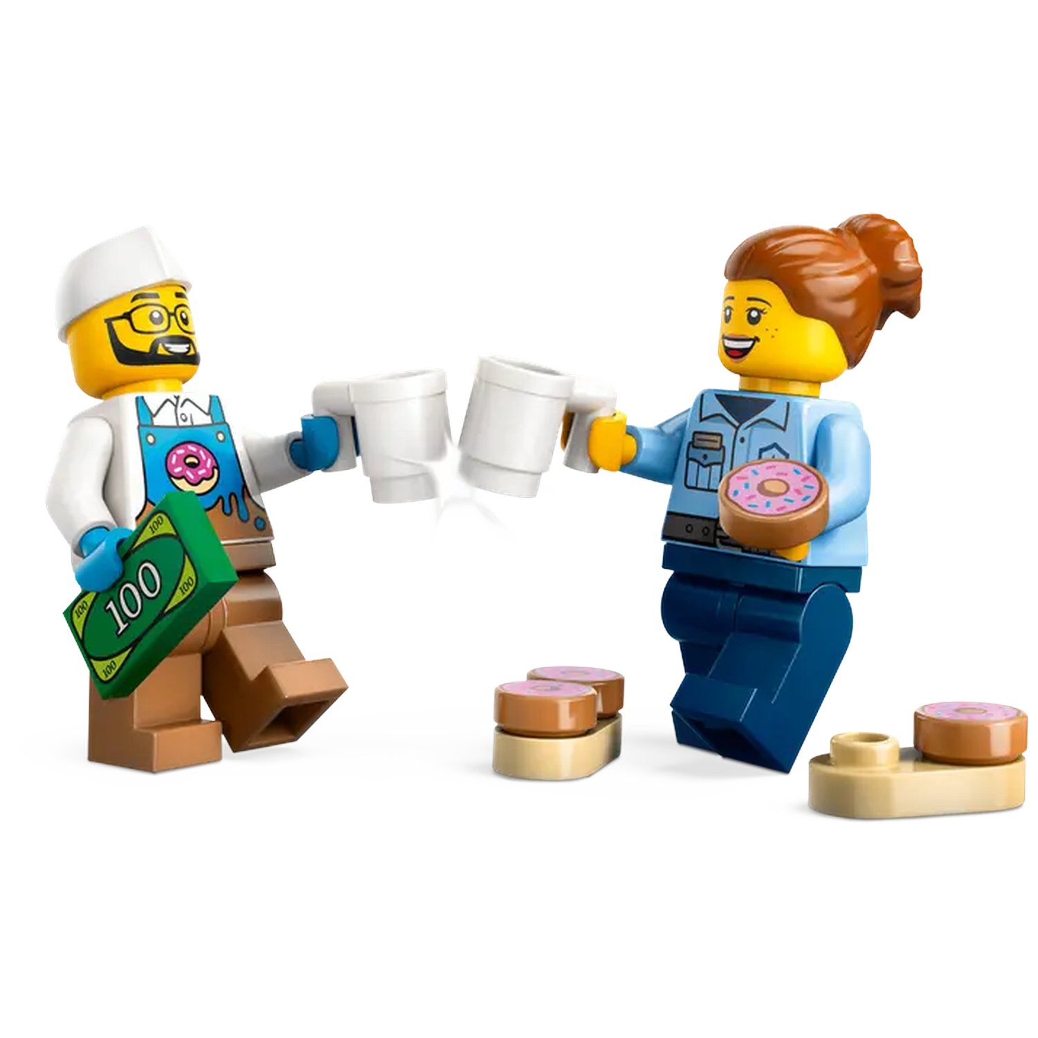 Two Lego figures celebrating with mugs. One holds money, the other a donut. Donuts and mugs are on the ground.