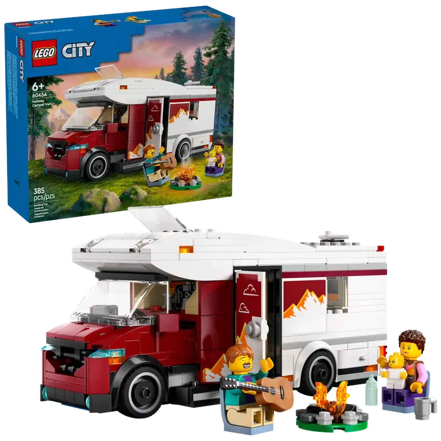 A Lego City camper van set with people around a campfire. The box shows the set. The set includes a red and white van.