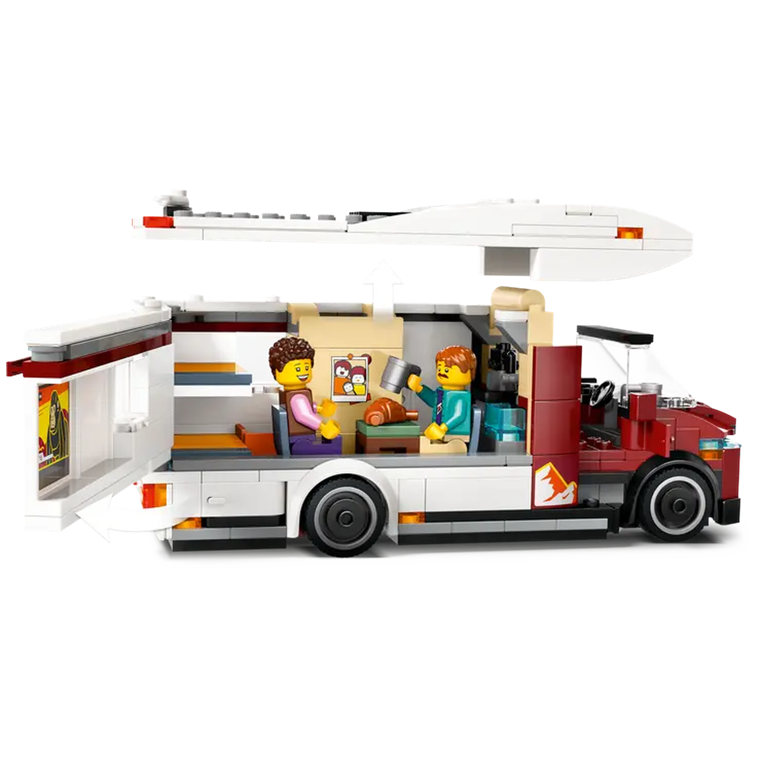 Lego camper van with two figures inside. One is holding a mug, the other is holding a plate. The roof is lifted.
