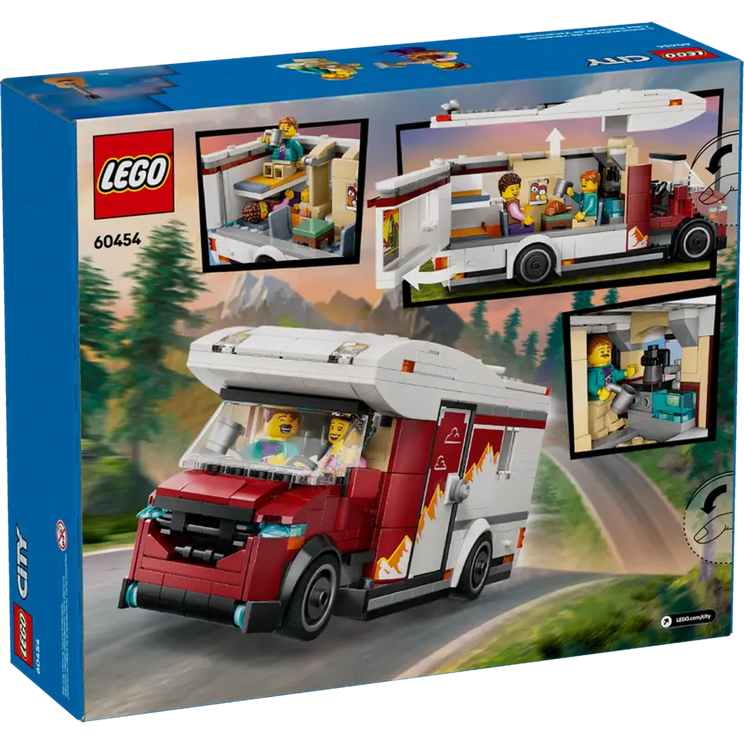 Lego City box art. A red and white camper van with minifigures. The box has inset images showing the interior.