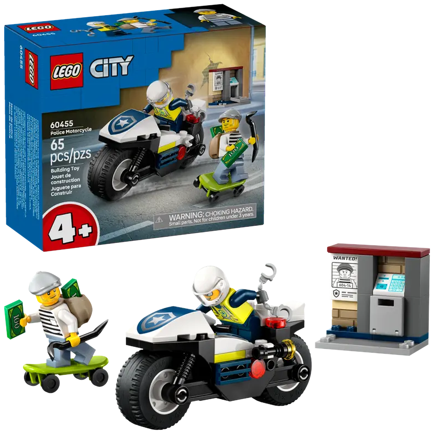 Lego City police motorcycle set. Includes motorcycle, a thief on a skateboard, and a wanted poster near an ATM.