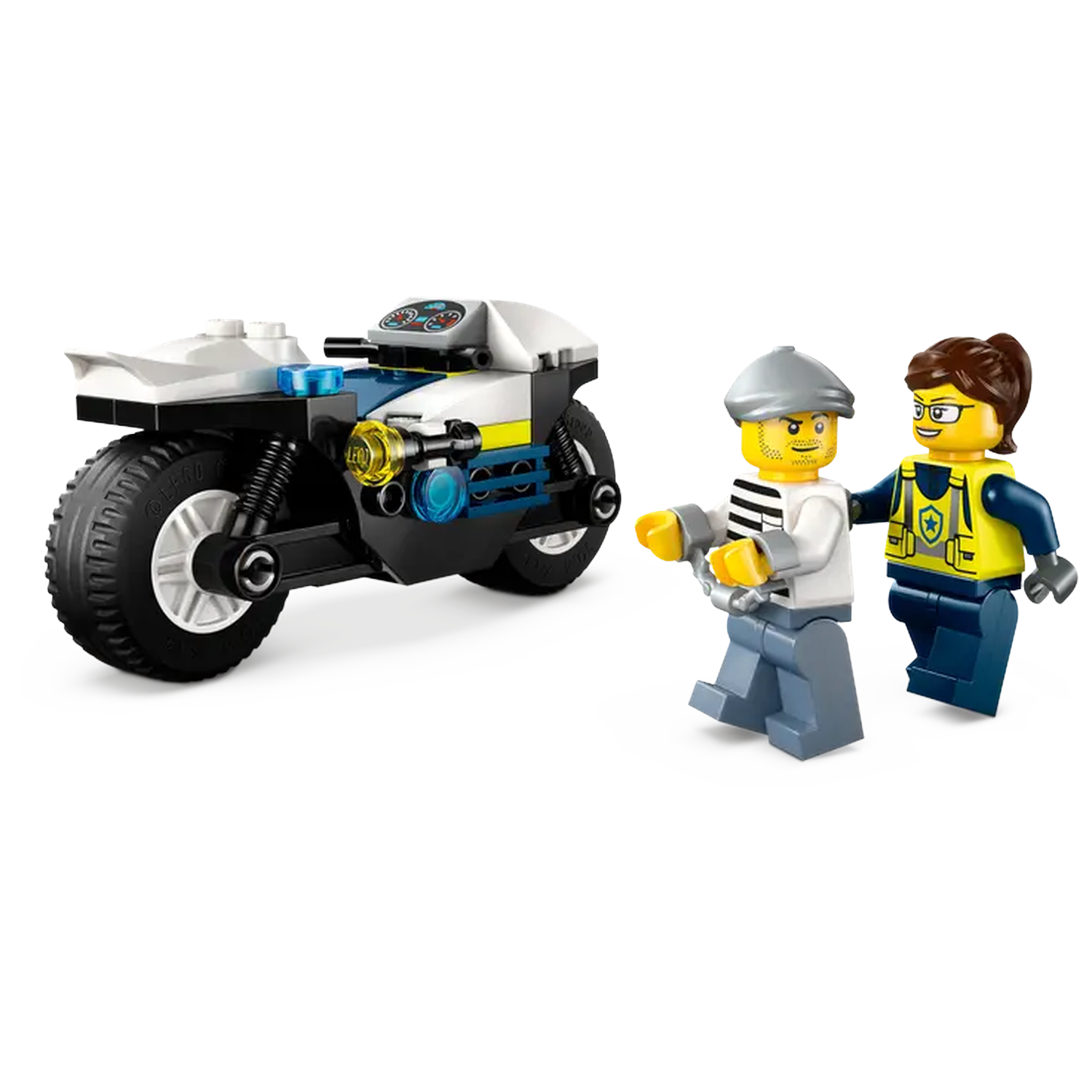 A Lego police motorcycle, a police officer, and a handcuffed prisoner. The officer is arresting the prisoner.