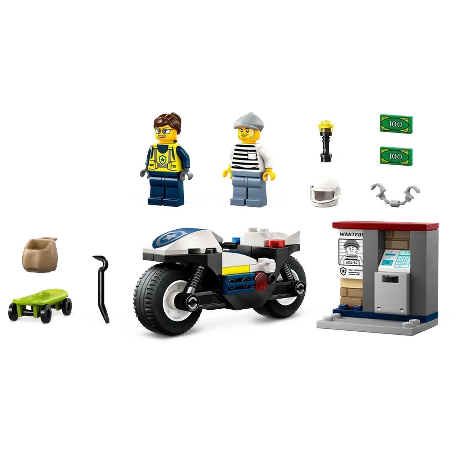 Lego police set: motorcycle, minifigures, wanted poster, money, handcuffs, tools, helmet, and skateboard on white background.