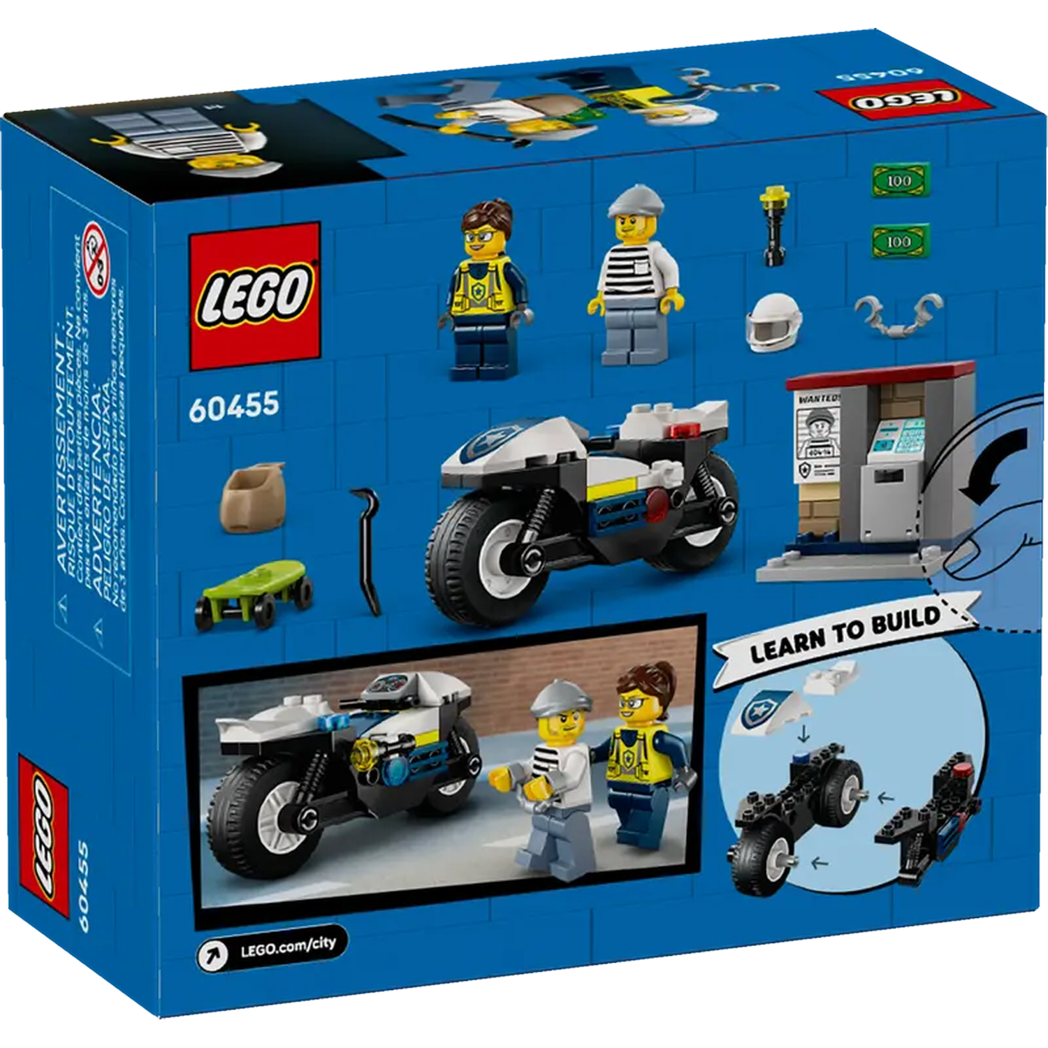 Lego City box set. Includes a motorcycle, police officer, and a criminal. Also features additional accessories and building instructions.
