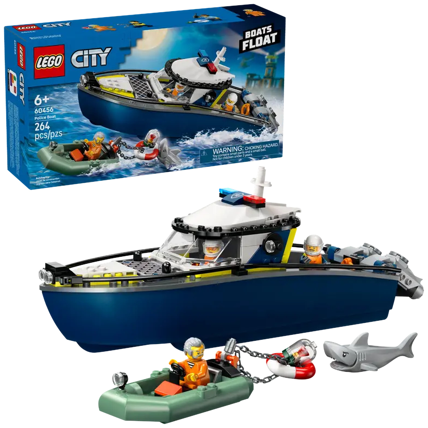 A Lego City police boat set. The box shows the boat and a small raft. The set includes a shark, life preserver, and figures.