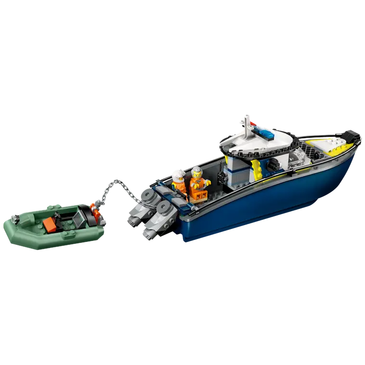 A Lego police boat with two figures and a small green boat attached by a chain, on a white background.