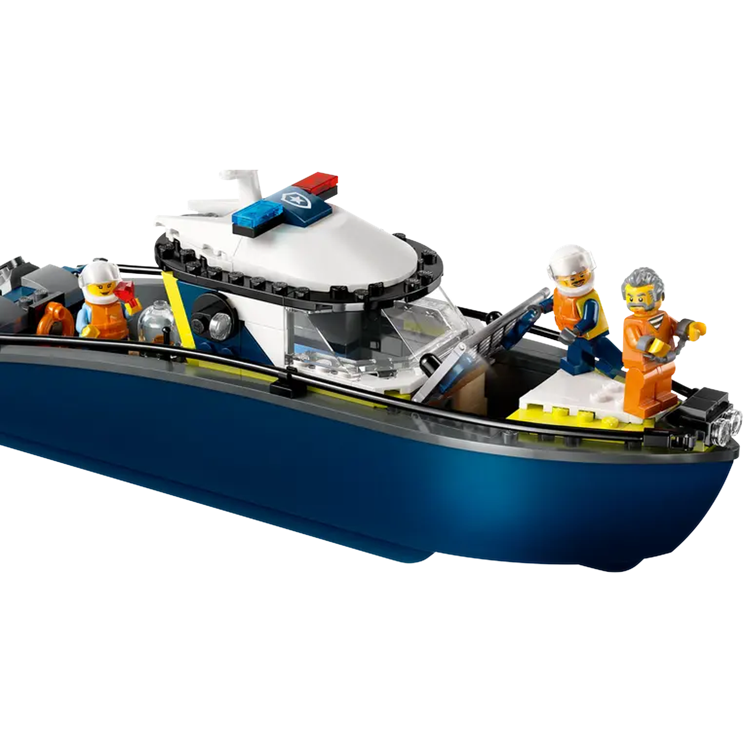 A Lego police boat with three minifigures. The boat is blue and white with emergency lights. The minifigures are in uniform.