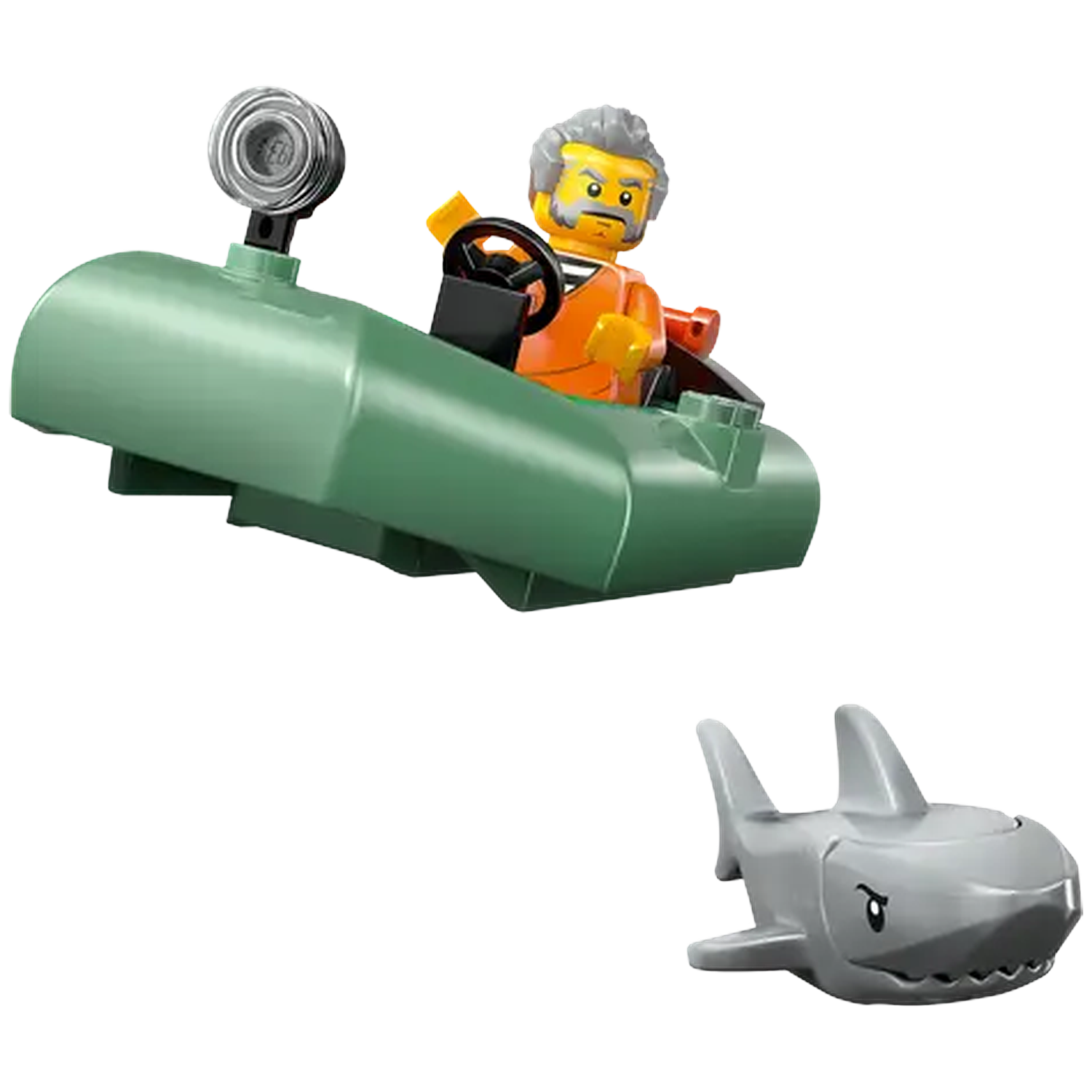 Lego set: A minifigure in an orange suit drives a green boat. A grey shark swims nearby.