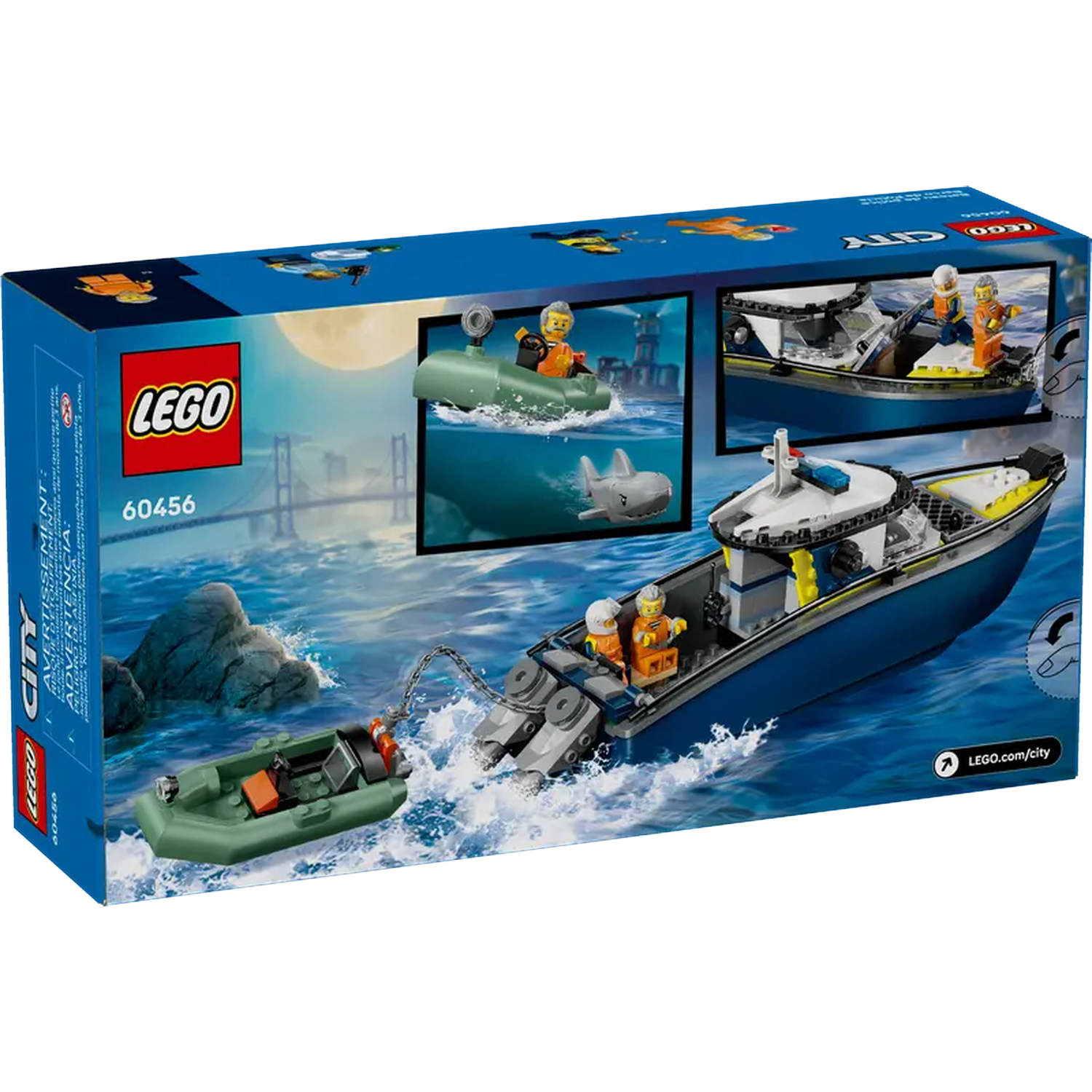 Lego City box art. A blue boat with figures, a small boat, and images of boats and a shark.