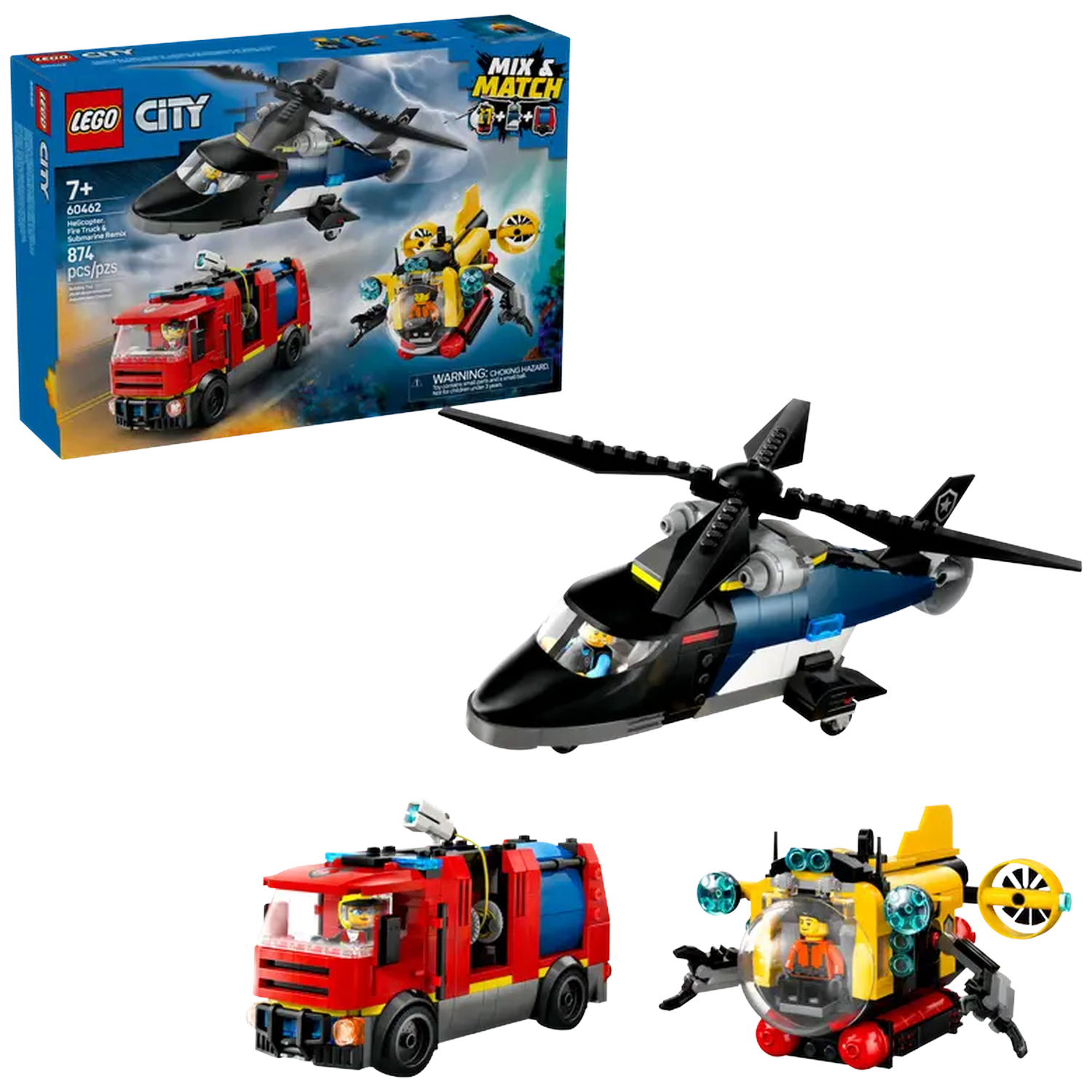 A Lego City set with a helicopter, fire truck, and submarine. The set includes a box, the toys, and a warning label.