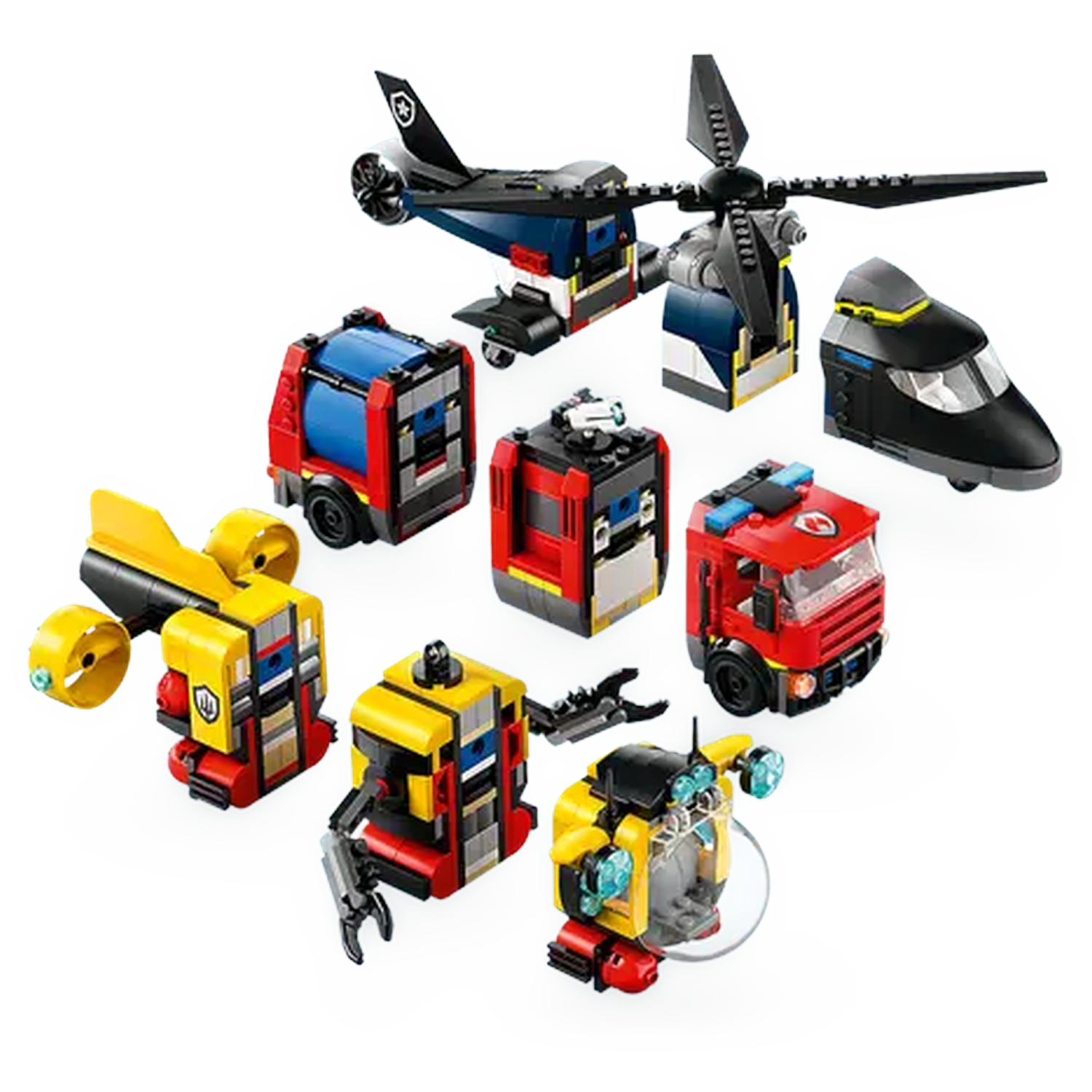 Image features various Lego toy vehicles: a helicopter, a train, a fire truck, and several robotic and submarine-like models.