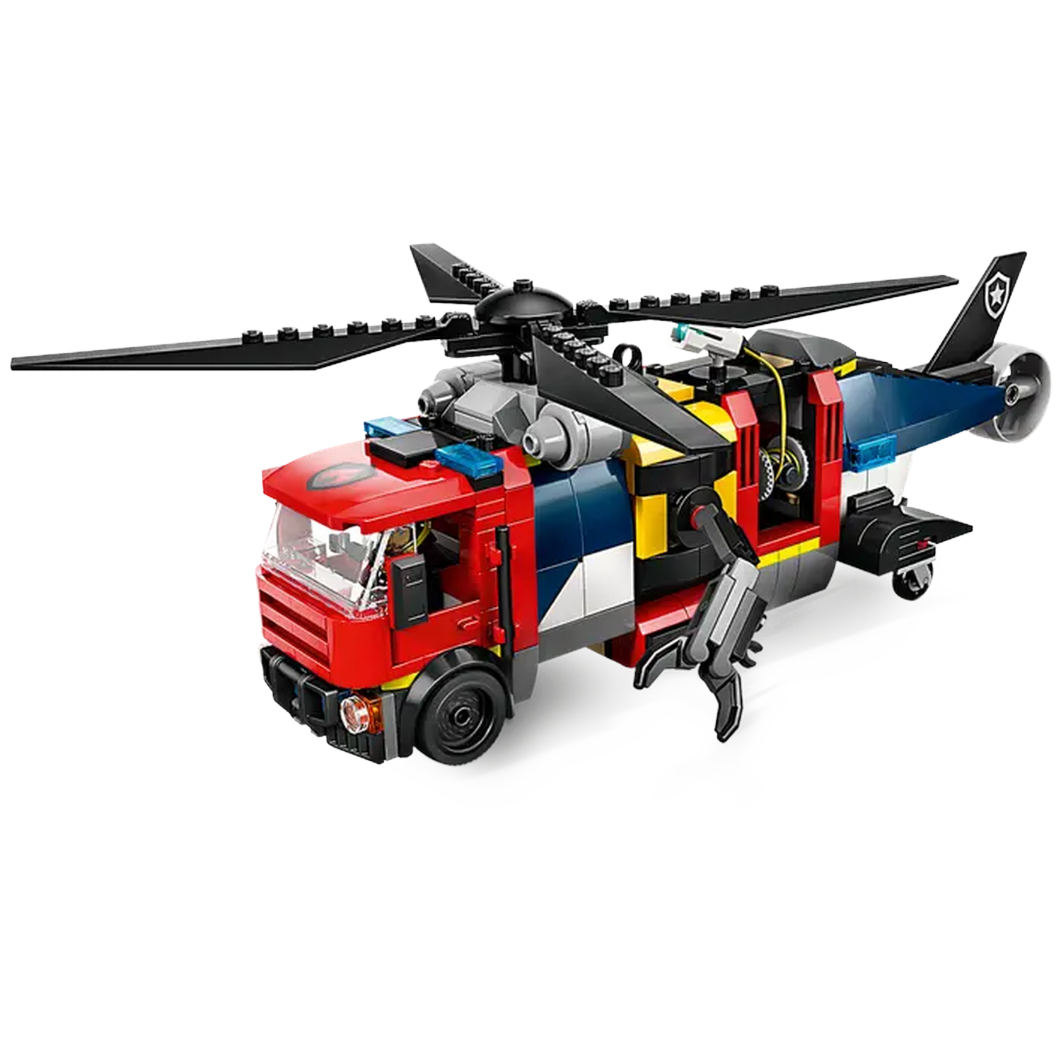 A Lego fire rescue helicopter, with red, blue, yellow, and black components. It has a rotor, a tail, and a rescue arm.
